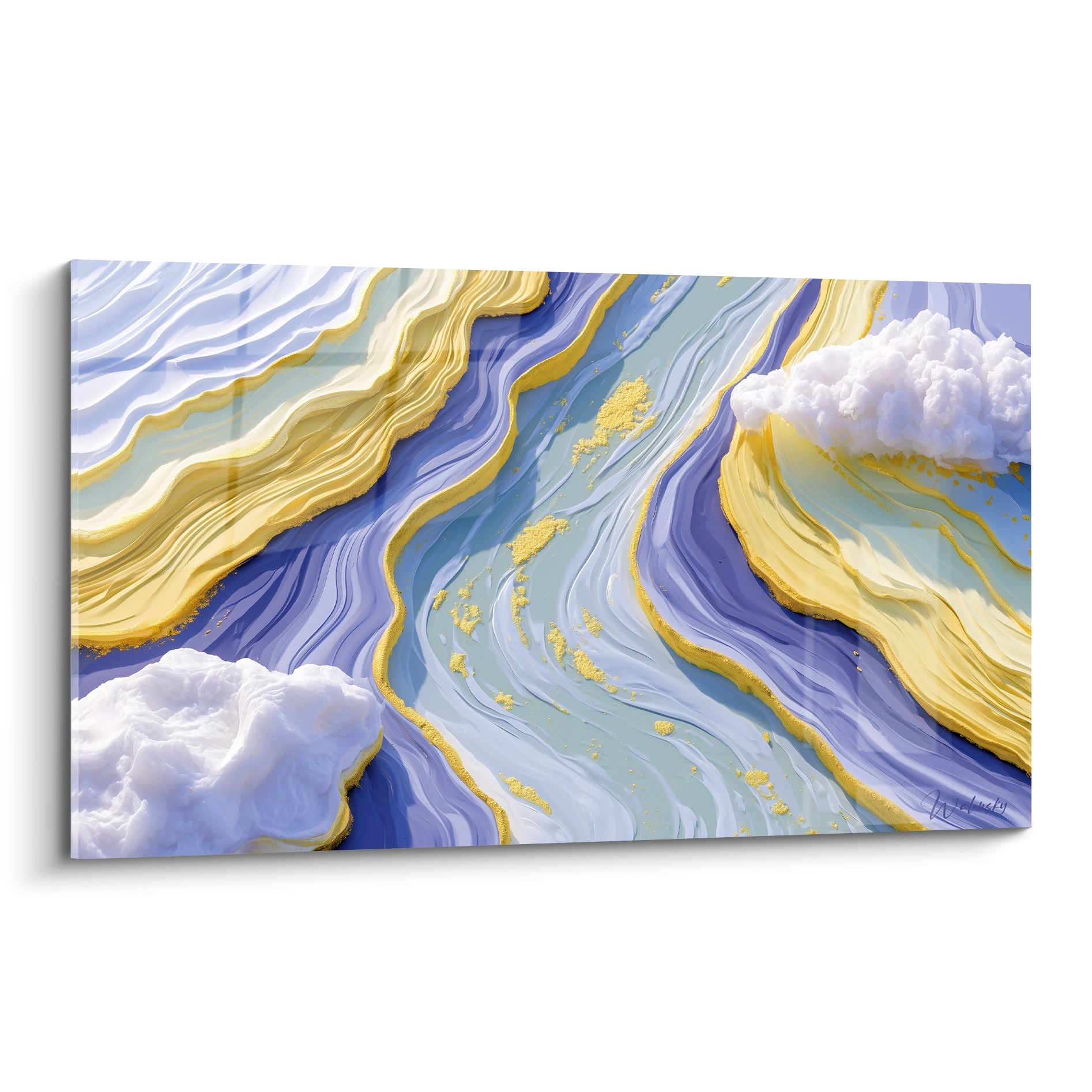 Rivière abstraite bleu marine et doré aux courbes sinueuses, nuages blancs texturés en relief
