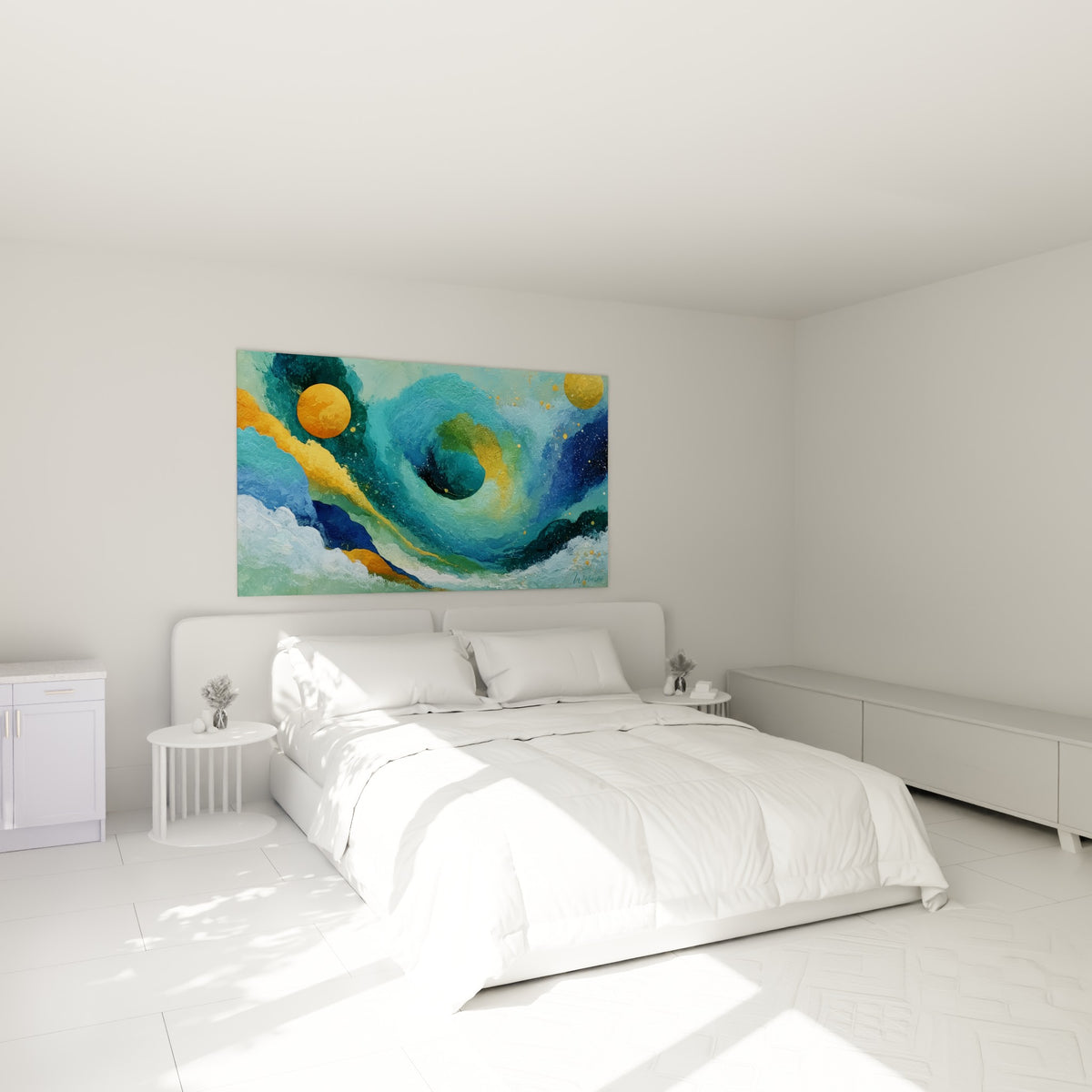 Spirale bleu profond et sphères dorées d'une œuvre abstraite, au-dessus d'un lit dans une chambre claire