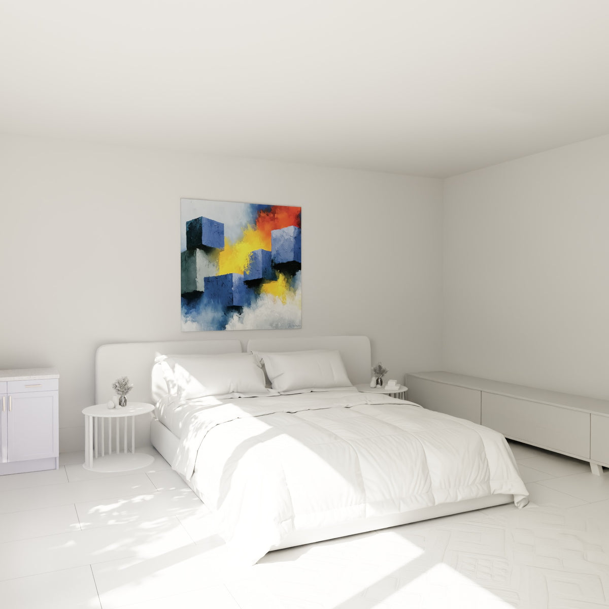 Structure de cubes bleus traversée de flammes ocre surplombe un lit dans une chambre claire