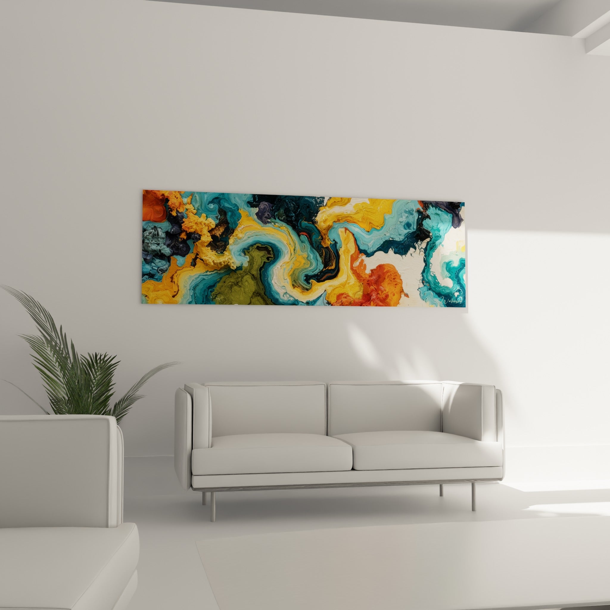 Mélange fluide vert olive et safran, tableau abstrait marbré au-dessus d'un canapé dans un salon lumineux