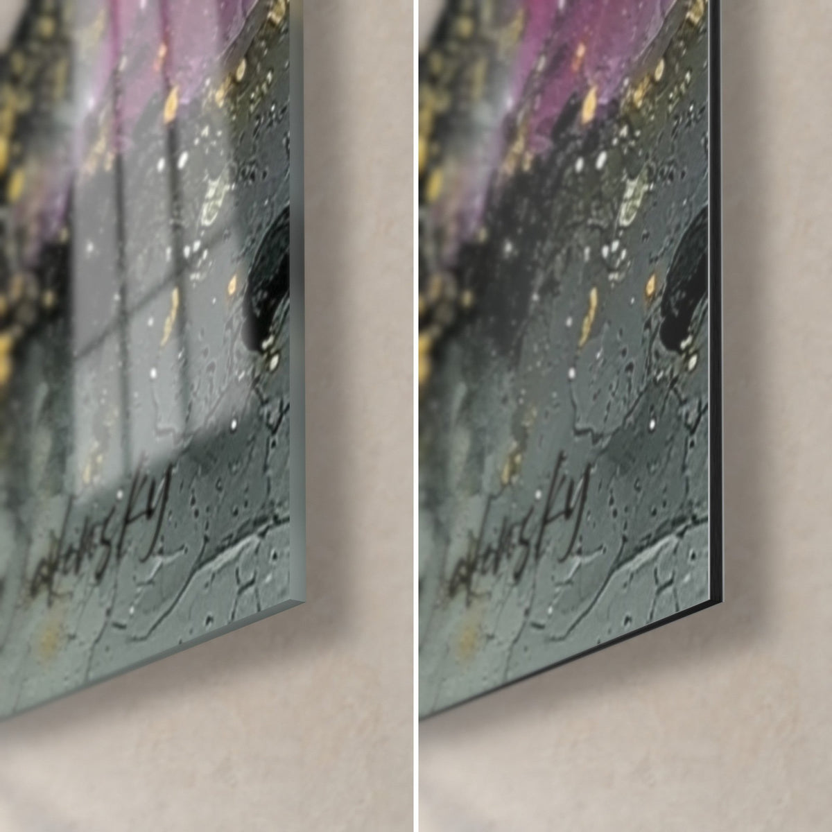 Gemälde abstrakter Himmel in Malve und Gold, untere rechte Ecke aus glänzendem Glas und mattem Dibond-Alu, 3 mm Kante