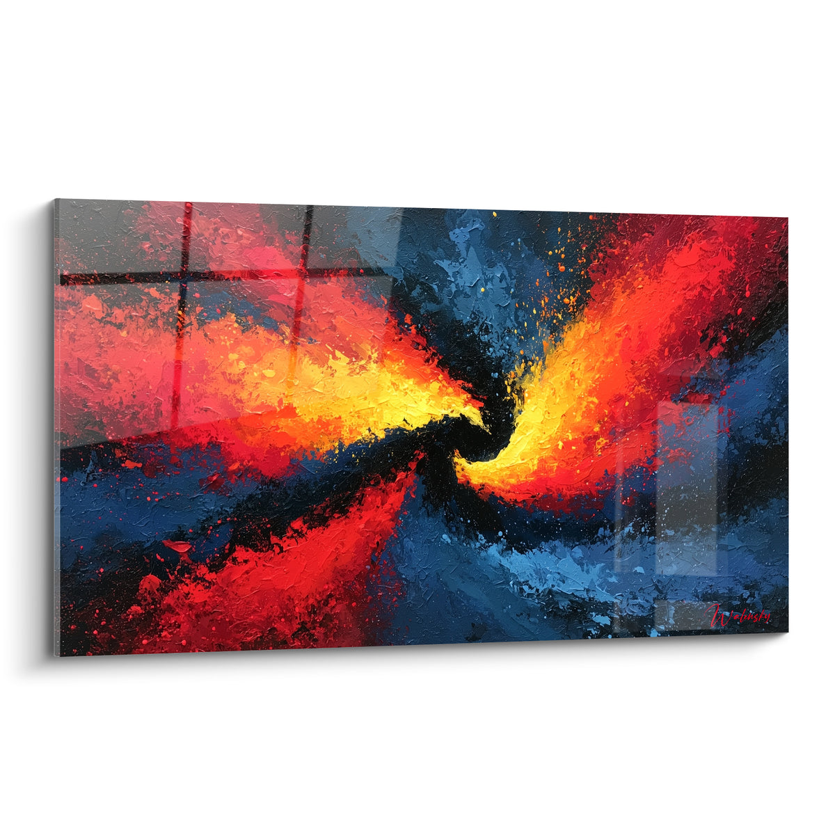 Tourbillon rouge, orange et bleu marine en peinture abstraite, matière texturée et empâtements visibles