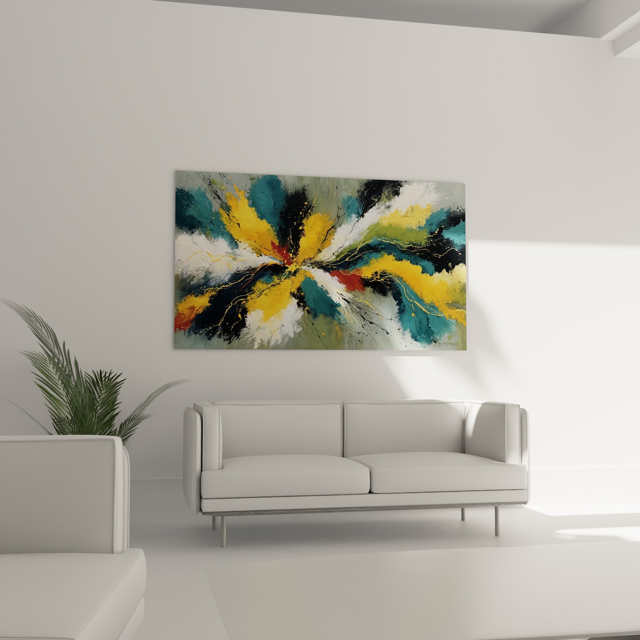 Volutes dorées et bleu canard entrelacées, au-dessus d'un canapé dans un salon lumineux