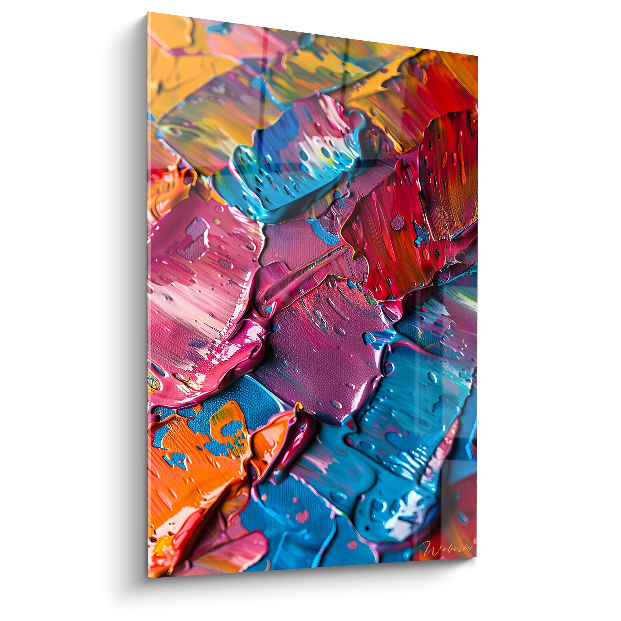 Tableau peinture acrylique multicolore abstrait avec empâtements expressifs en bleu rouge jaune violet