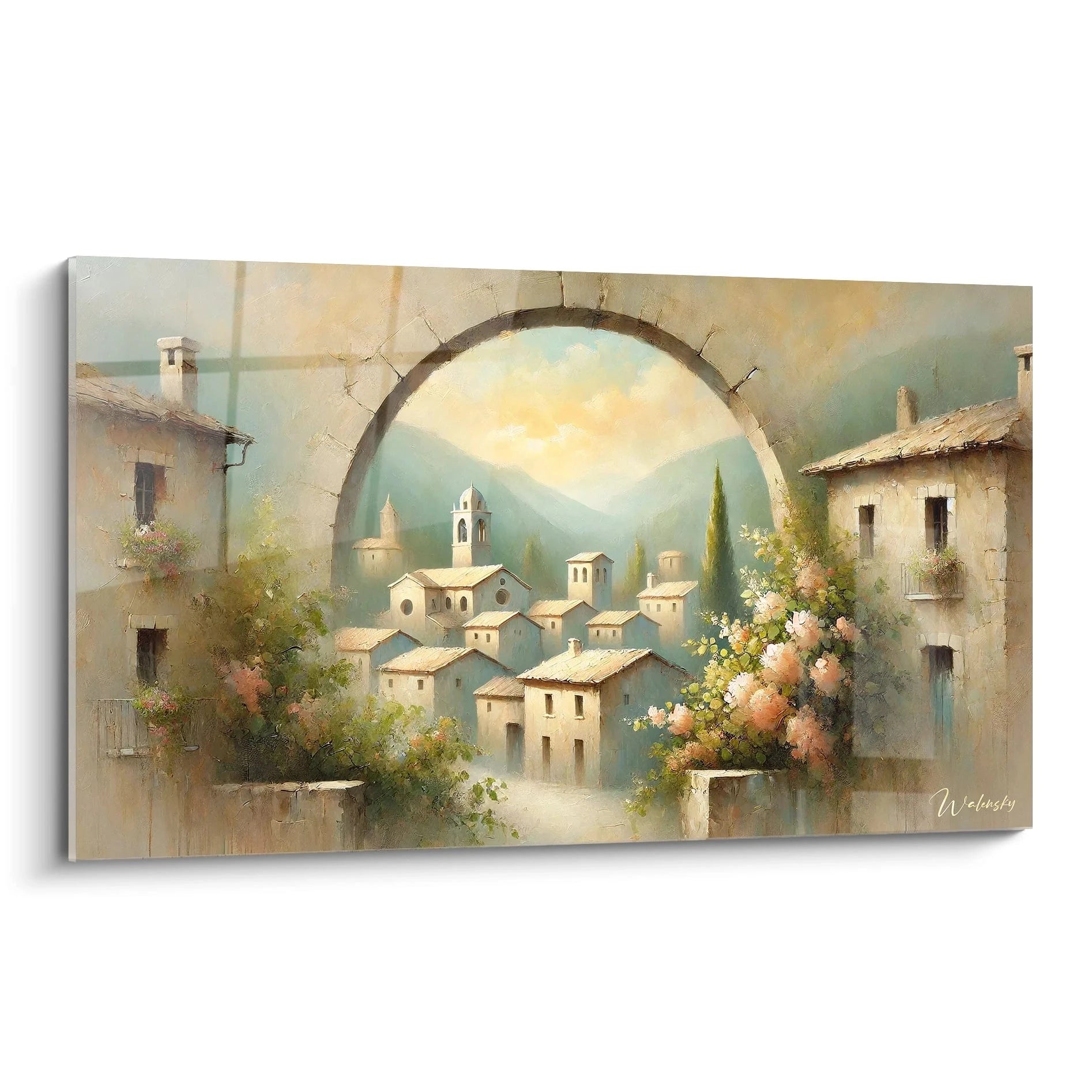 Tableau peinture de paysage presente de biais avec des details captivants de village mediterraneen en harmonie douce et onirique inspire la serenite et l'evasion vers un lieu intemporel