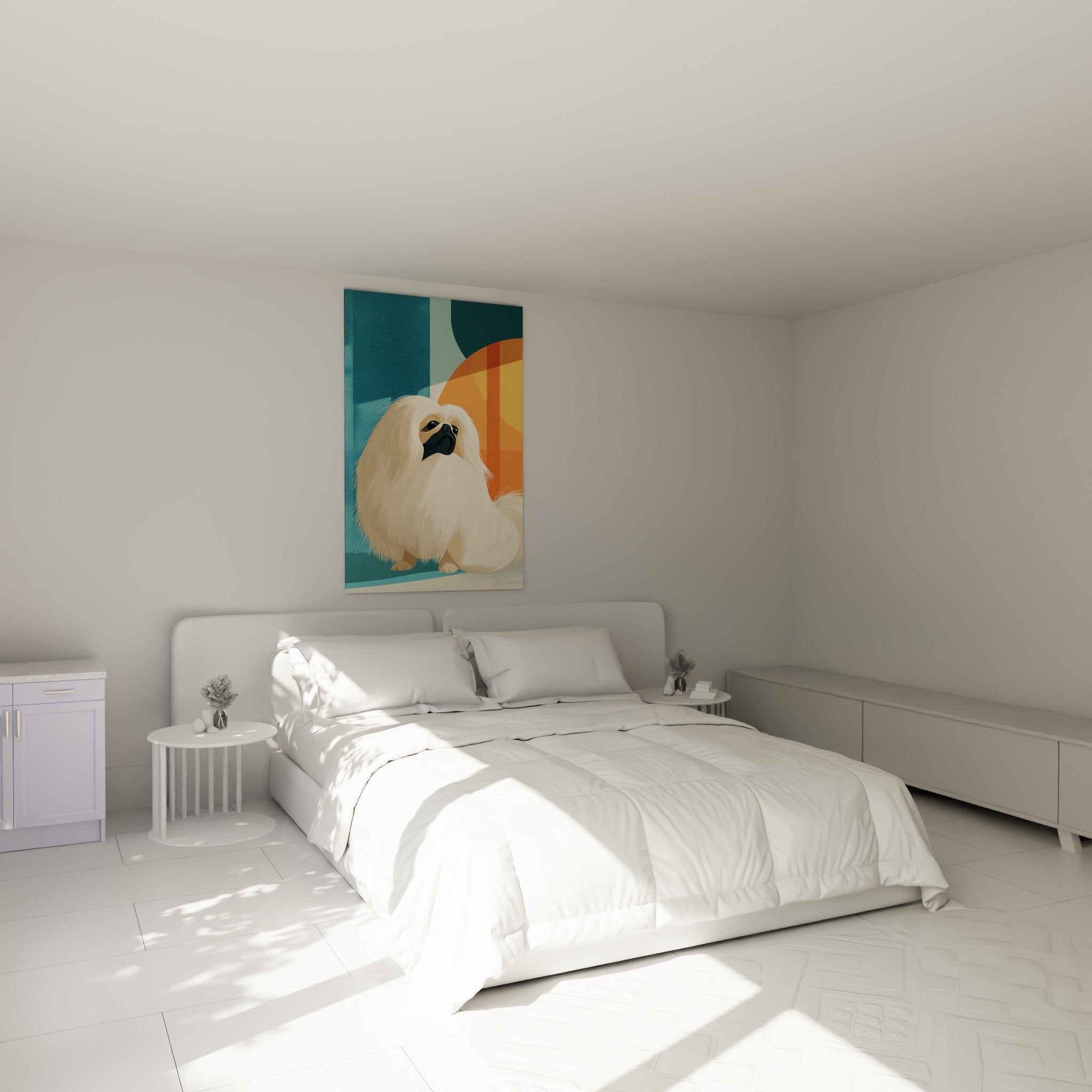 Tableau Pékinois chambre mur blanc décoration murale chien blanc art contemporain