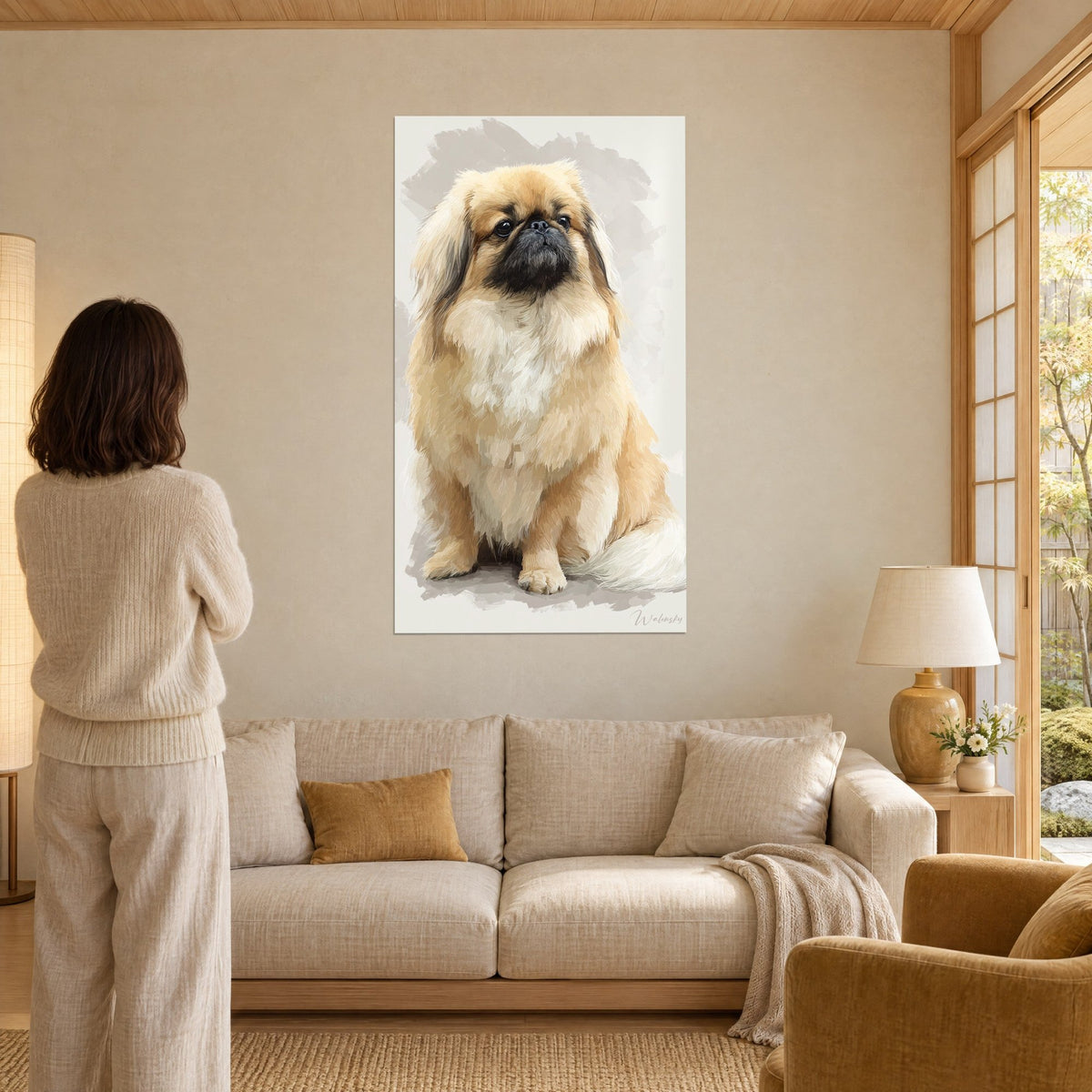 Wall art Pekingese with golden and cream coat, seated, black muzzle, in front of a woman seen from behind, above a sofa in a bright living room