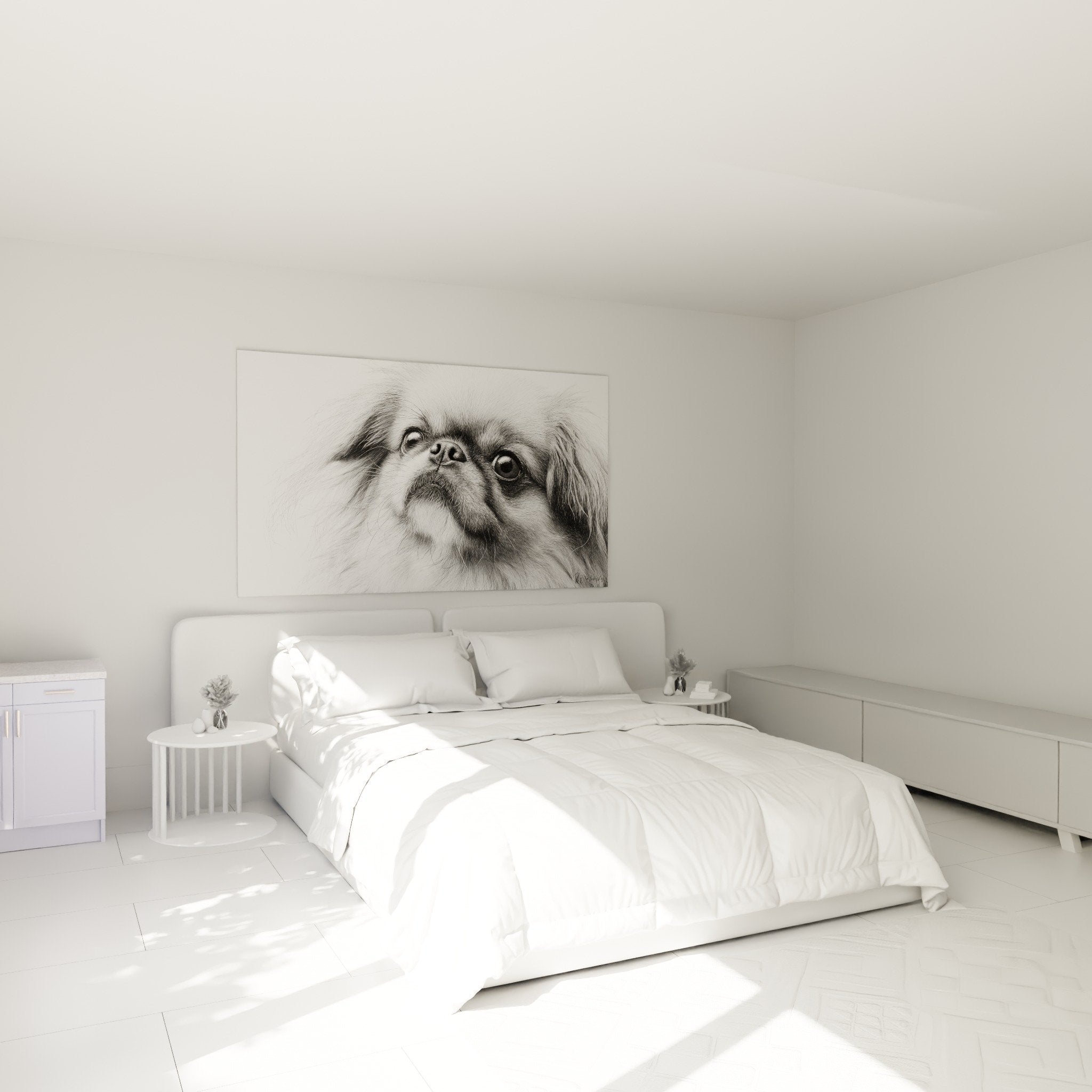 Tableau portrait chien pekinois noir blanc decoration murale chambre ambiance douce