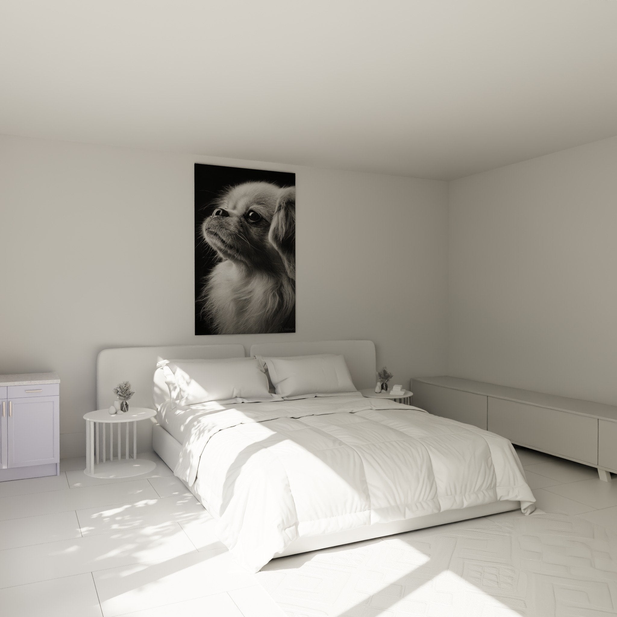 Tableau pekinois noir blanc decoration chambre ambiance douce portrait chien art mural contemporain