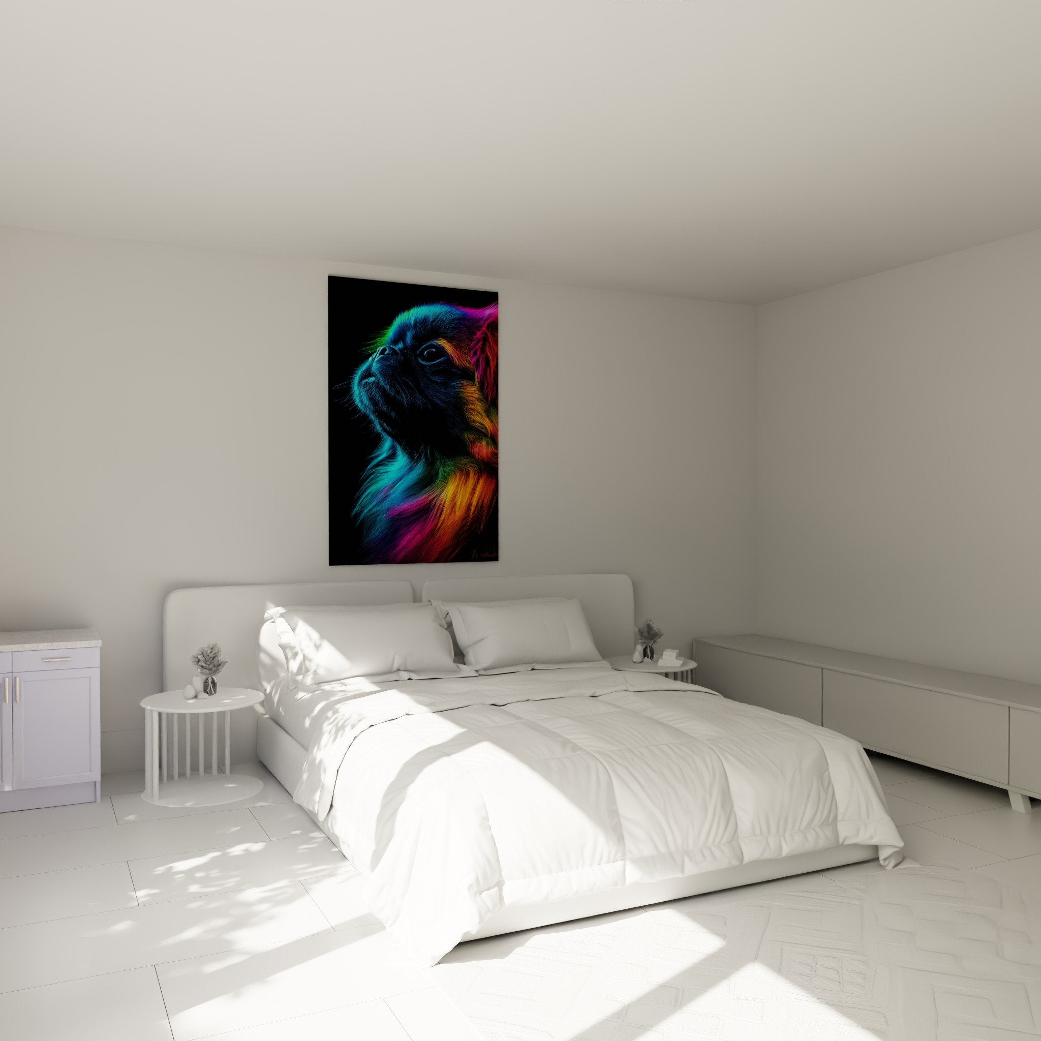 Tableau Pékinois multicolore dans chambre moderne mur blanc décoration contemporaine