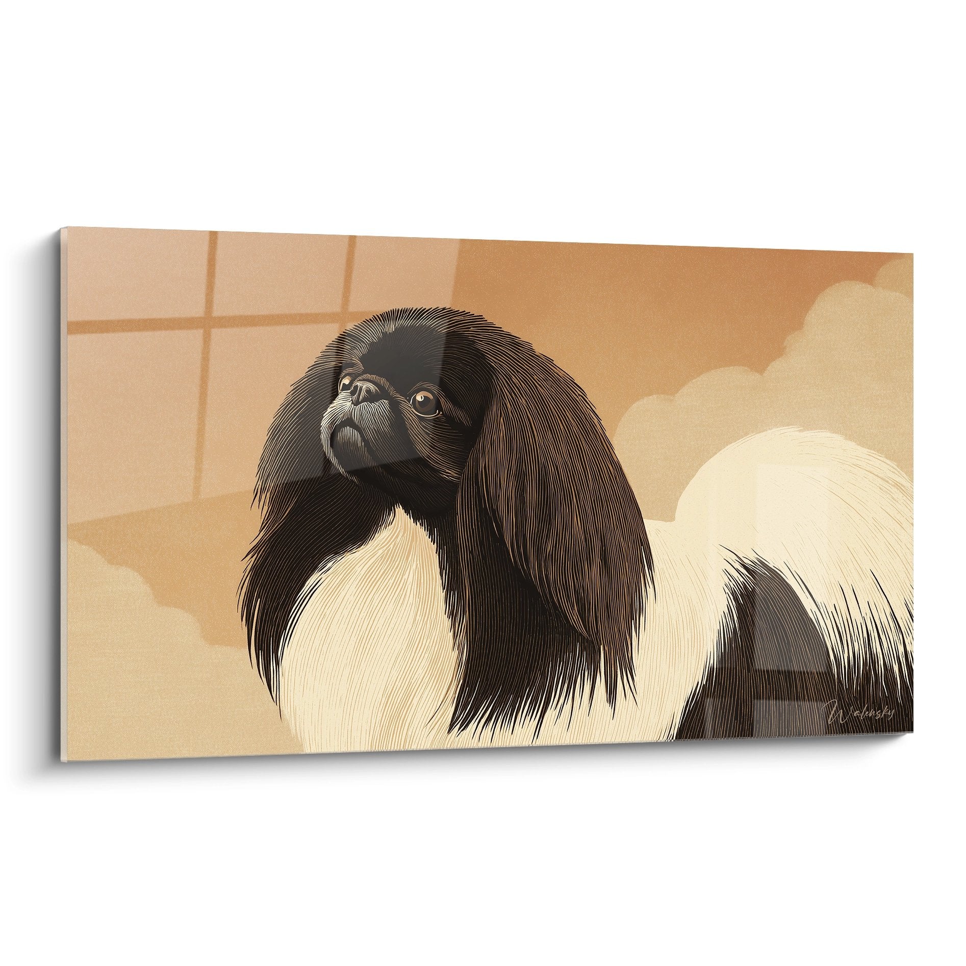 quadro cane di Pechino pelo lungo setoso ritratto canino sfondo beige crema toni caldi decorazione murale