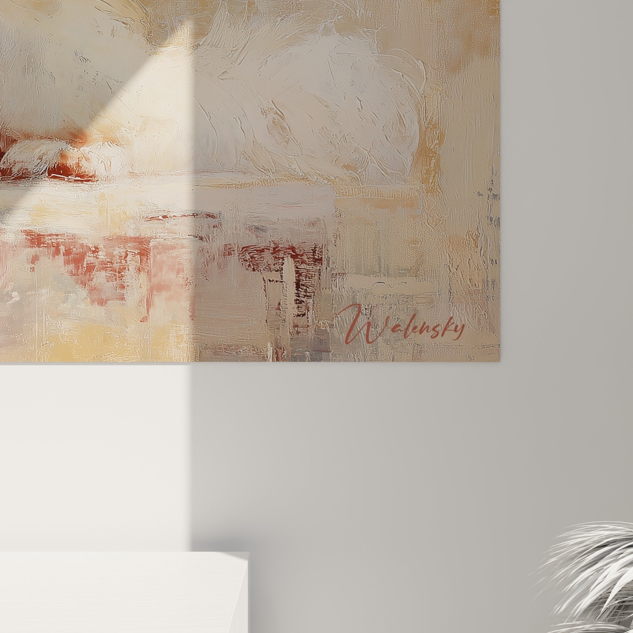 Tableau Pekinois salon decoration murale tons chauds ocre rouille ambiance apaisante chien