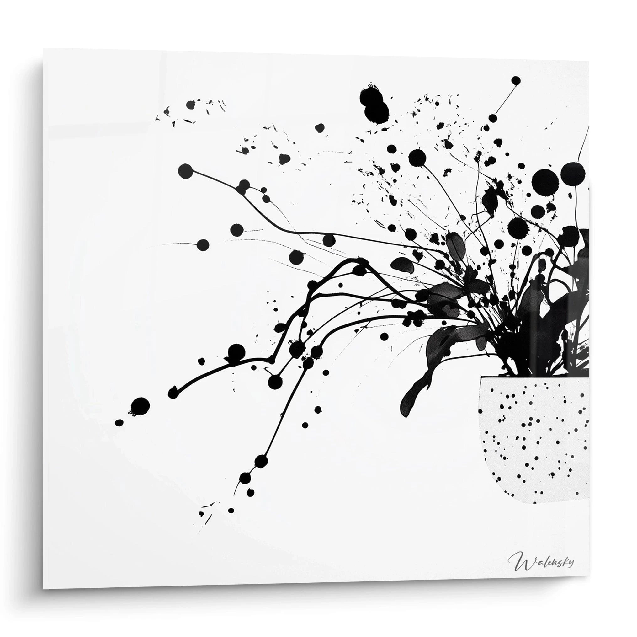 Tableau tacheté noir et blanc de Walensky représentant une plante en pot avec des éclaboussures artistiques