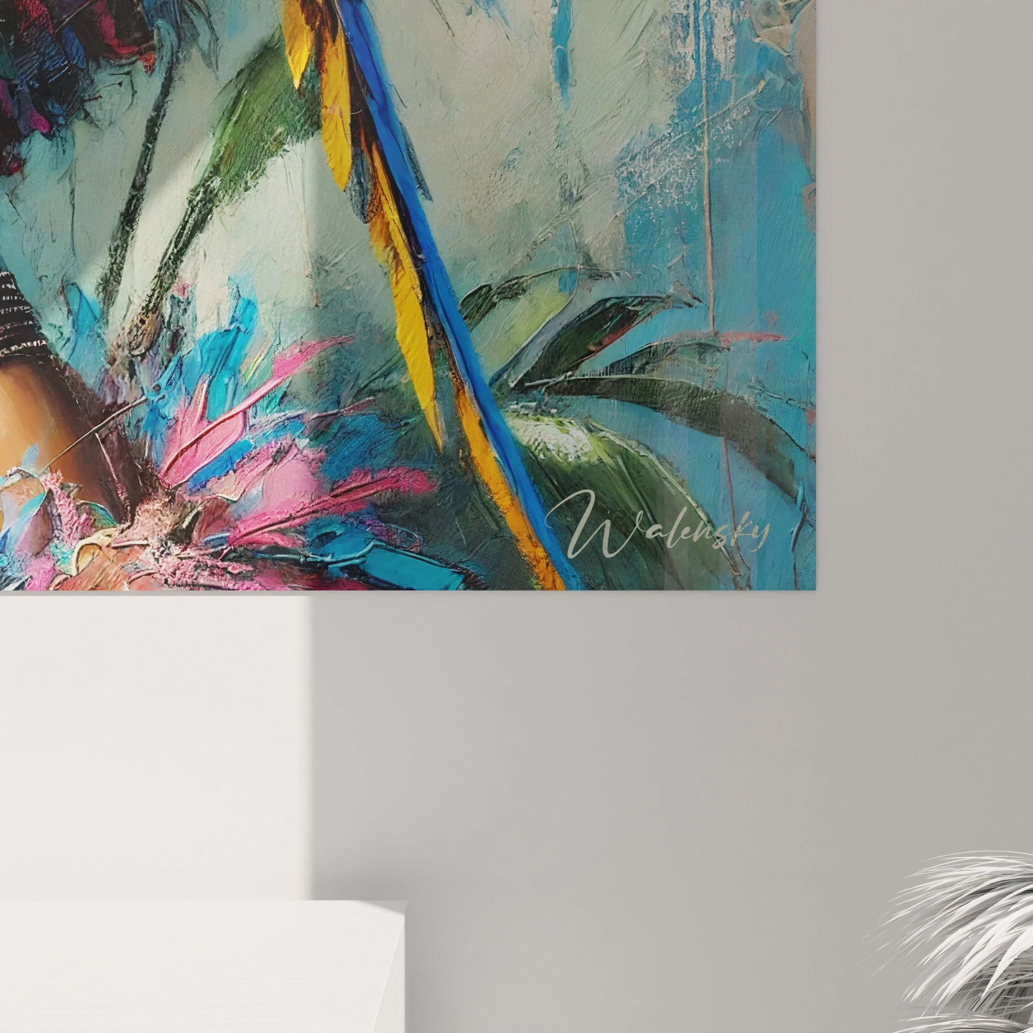 Vue rapprochée du tableau perroquet mettant en valeur les details vibrants. Les textures epaisses et les nuances des perroquets capturent l essence de l art exotique et de la nature.