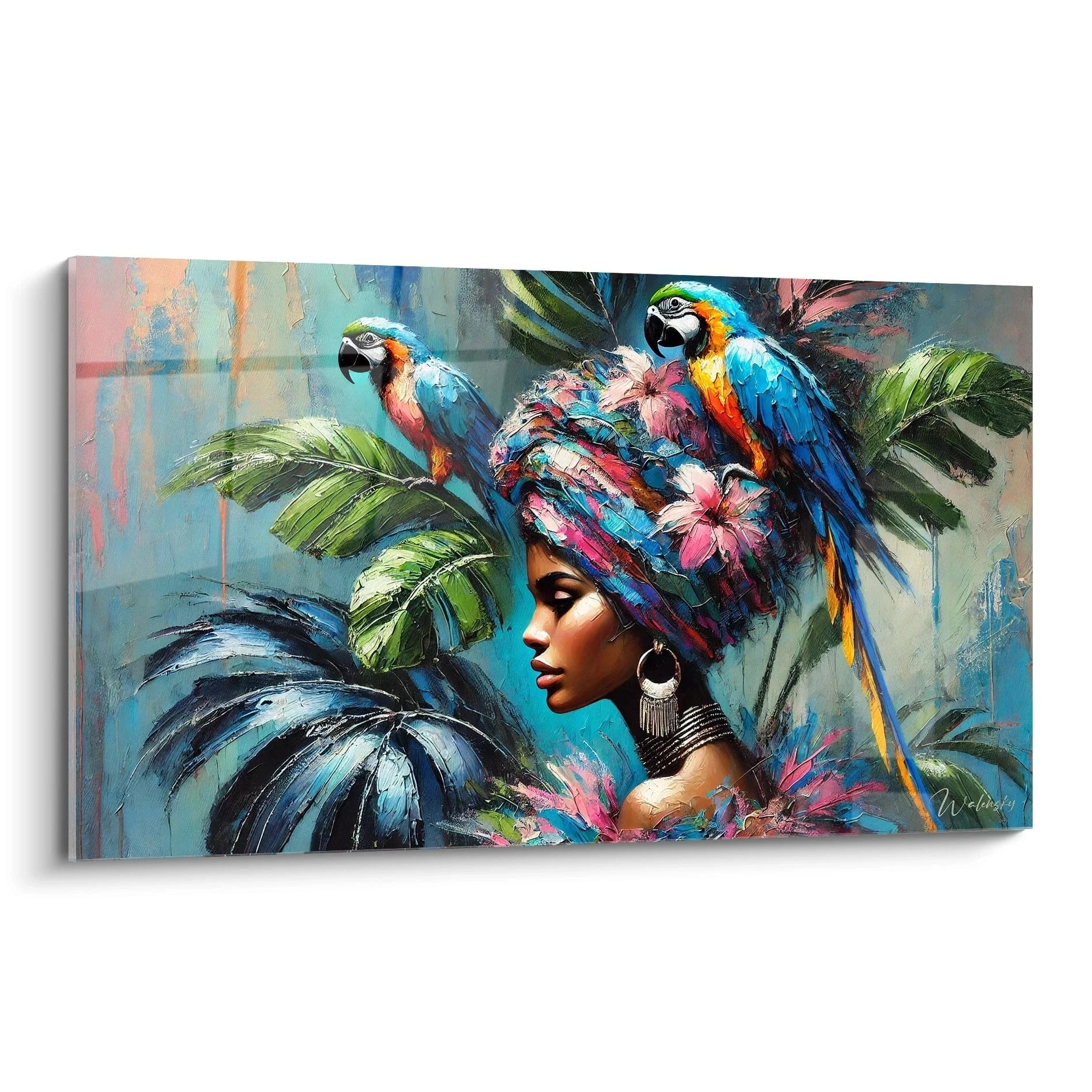 Découvrez ce tableau perroquet représentant une femme et deux perroquets exotiques, une œuvre vibrante et colorée, idéale pour sublimer votre décoration intérieure.
