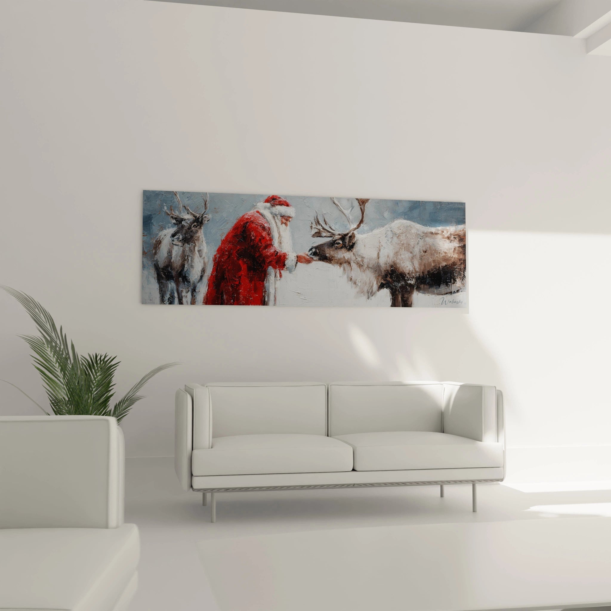 Tableau Père Noël édition Noël avec le Père Noël et un renne dans un style artistique décoratif