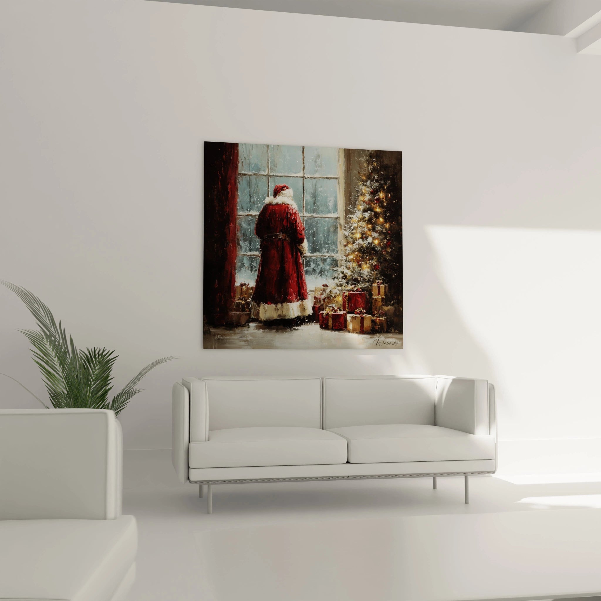 Tableau Père Noël haut de gamme représentant le Père Noël devant une fenêtre décorée de cadeaux et d'un sapin