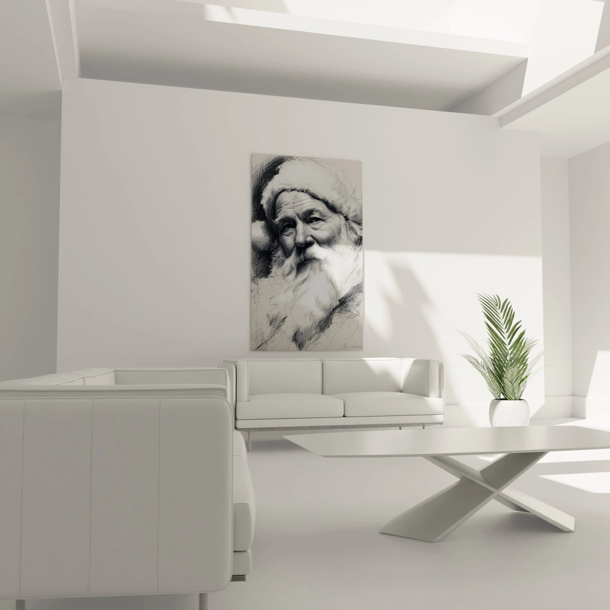 Tableau Père Noël haut de gamme en noir et blanc, décorant un salon moderne et épuré