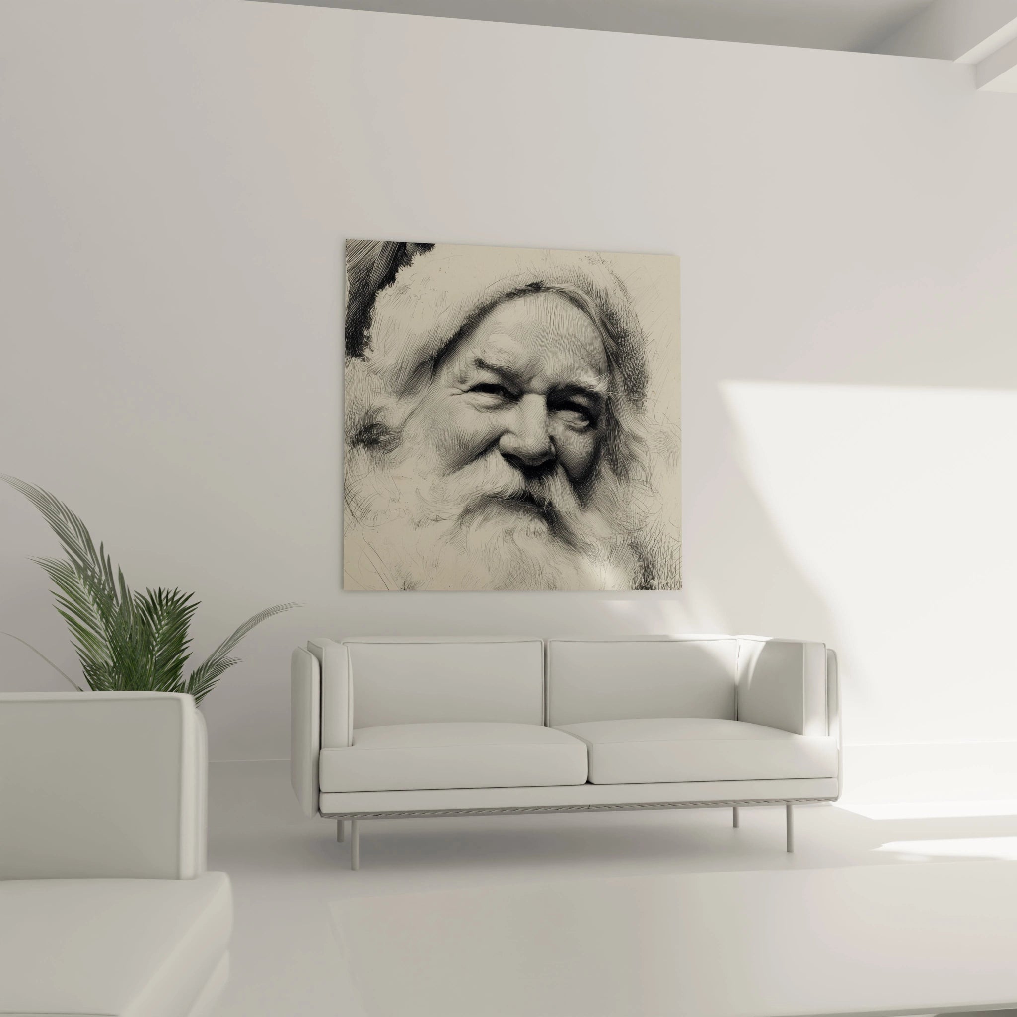 Tableau Père Noël en noir et blanc, affichant le visage souriant du père Noël au-dessus d'un canapé moderne