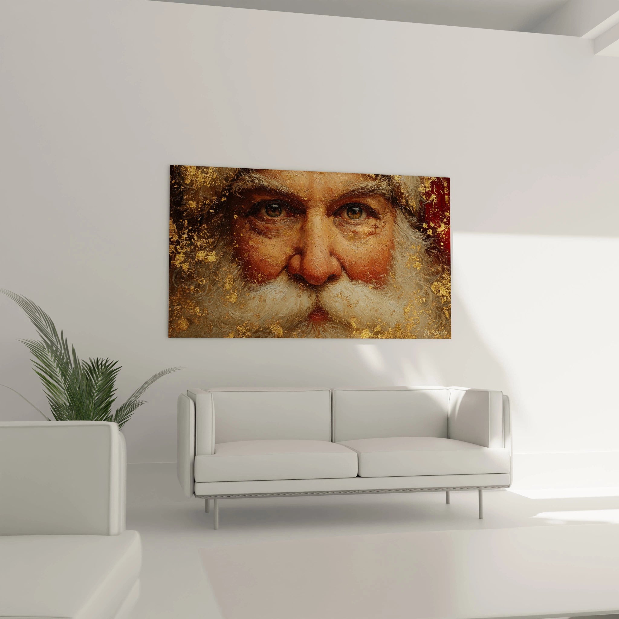 Tableau père Noël design avec un portrait détaillé du père Noël sur un mur moderne