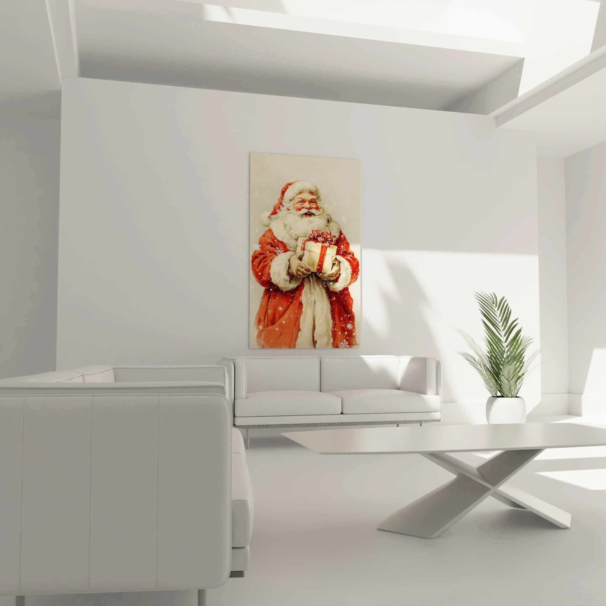 Tableau Père Noël édition limitée sur un mur moderne dans un salon lumineux