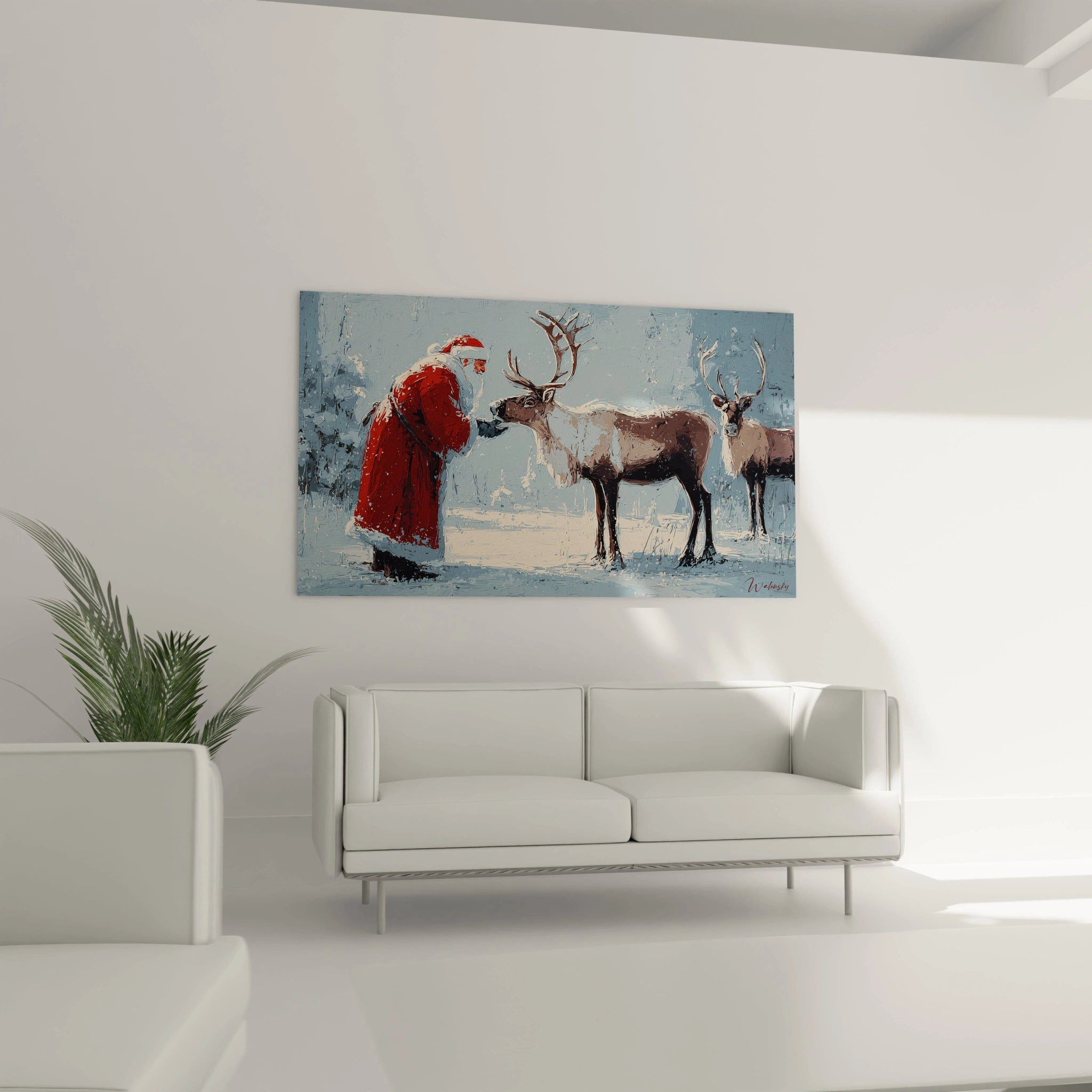 Tableau mural Noël Père Noël avec rennes dans un paysage hivernal, idéal pour des décorations festives