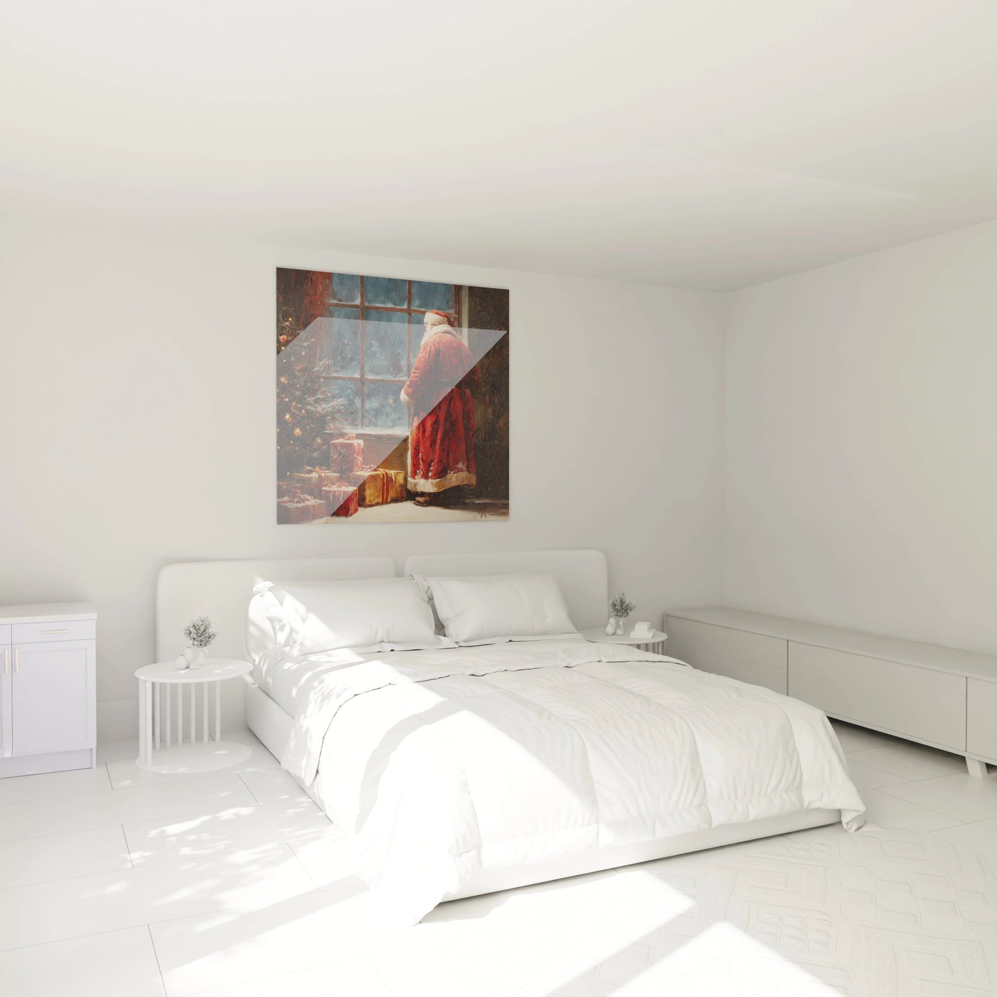 Tableau Père Noël décoration Noël suspendu au mur d'une chambre lumineuse et moderne