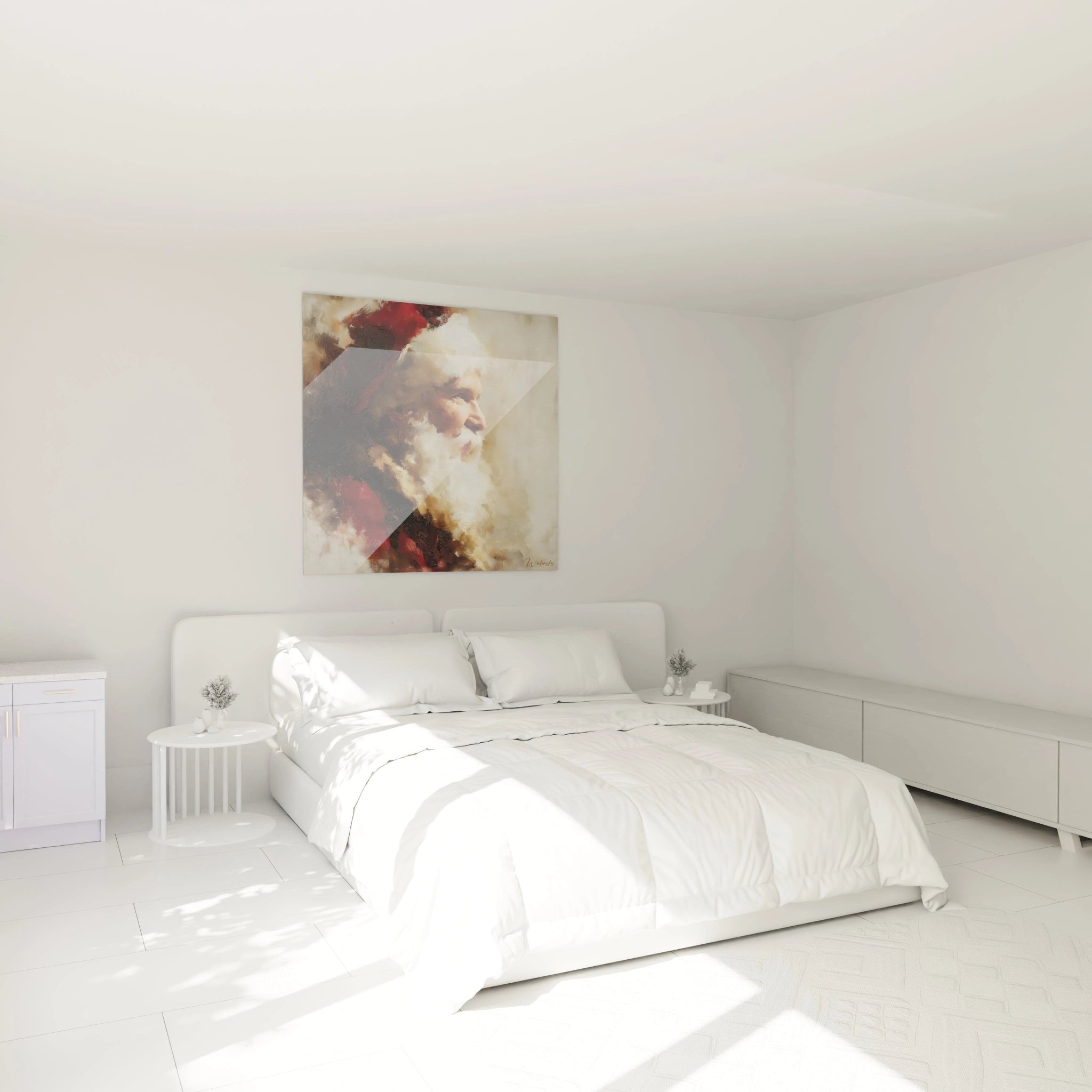 Tableau Père Noël édition Noël accroché au mur d'une chambre décorée de manière moderne et lumineuse