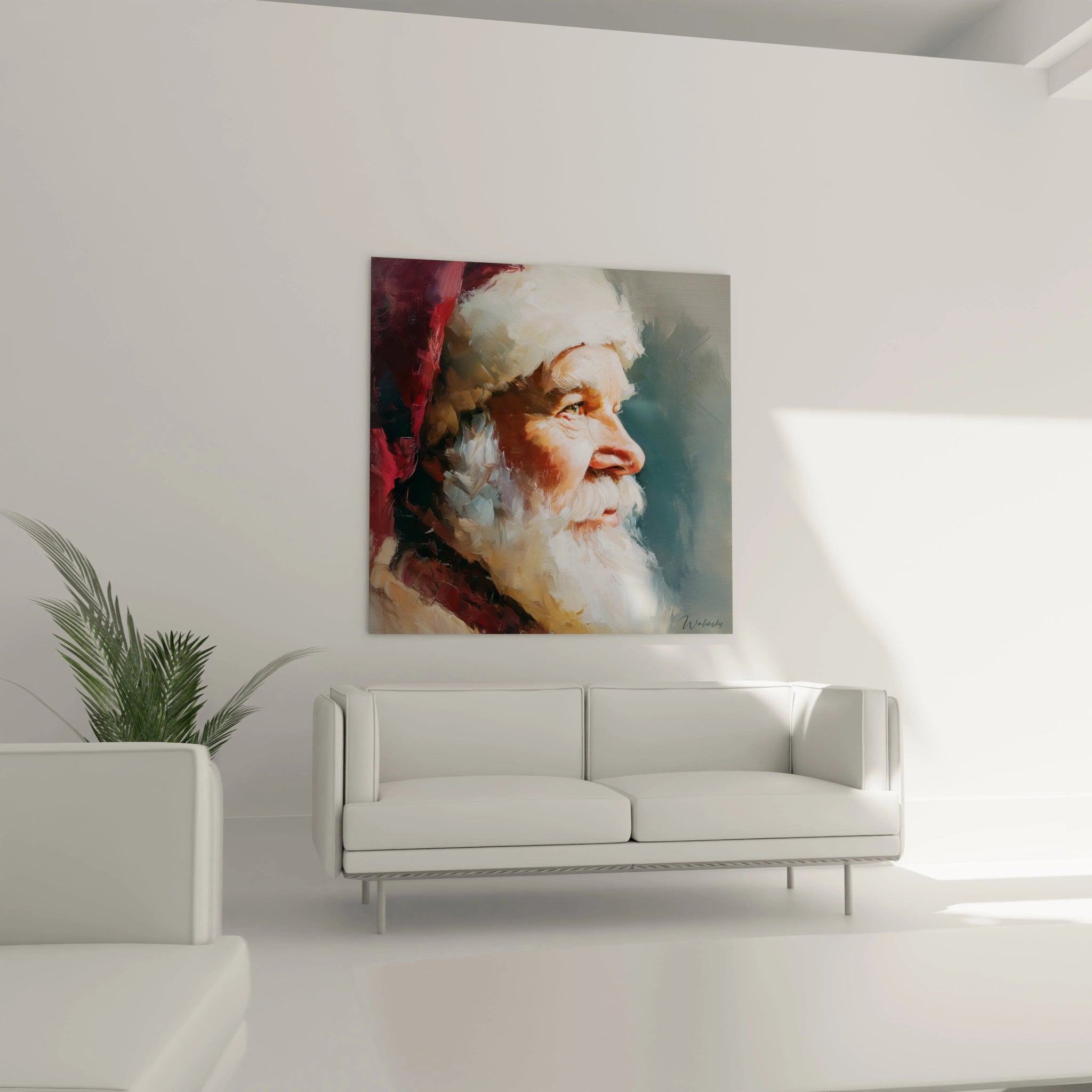 Tableau mural Père Noël Noël avec un portrait coloré et expressif du Père Noël sur un mur clair