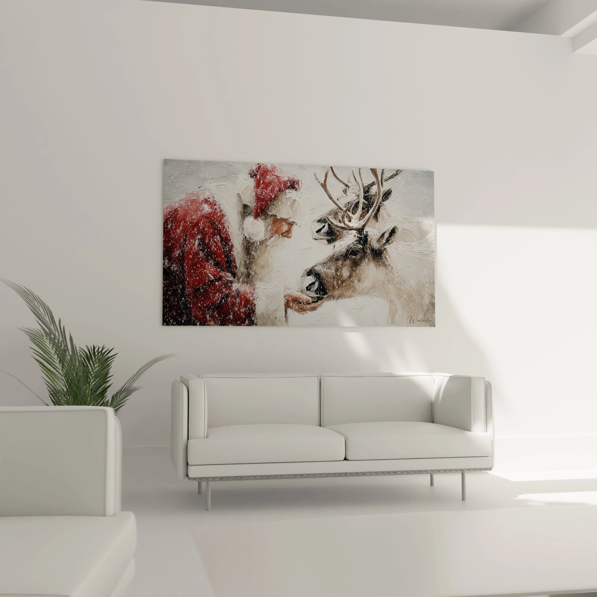 Tableau Père Noël haut de gamme avec un renne dans un décor hivernal chic et moderne