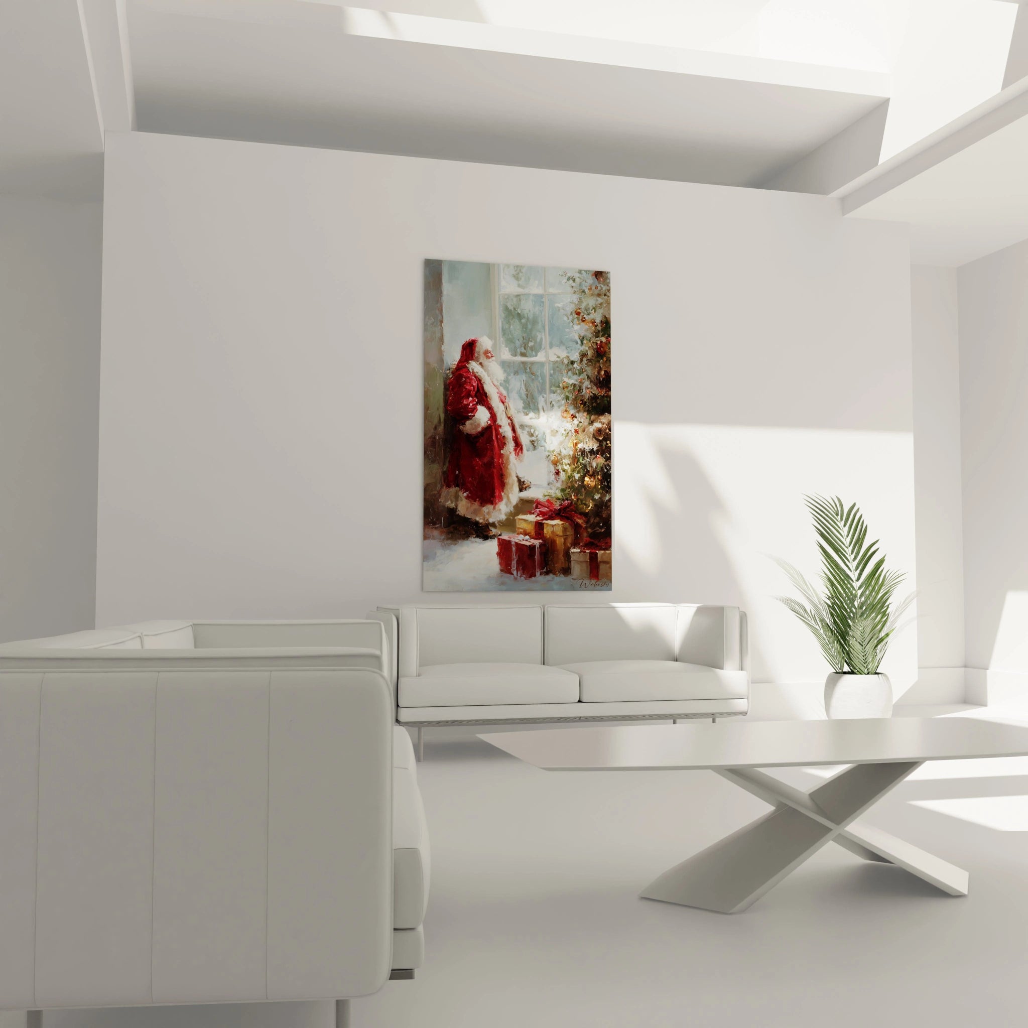 Tableau Père Noël mural dans un salon moderne avec un décor minimaliste et des plantes en pot