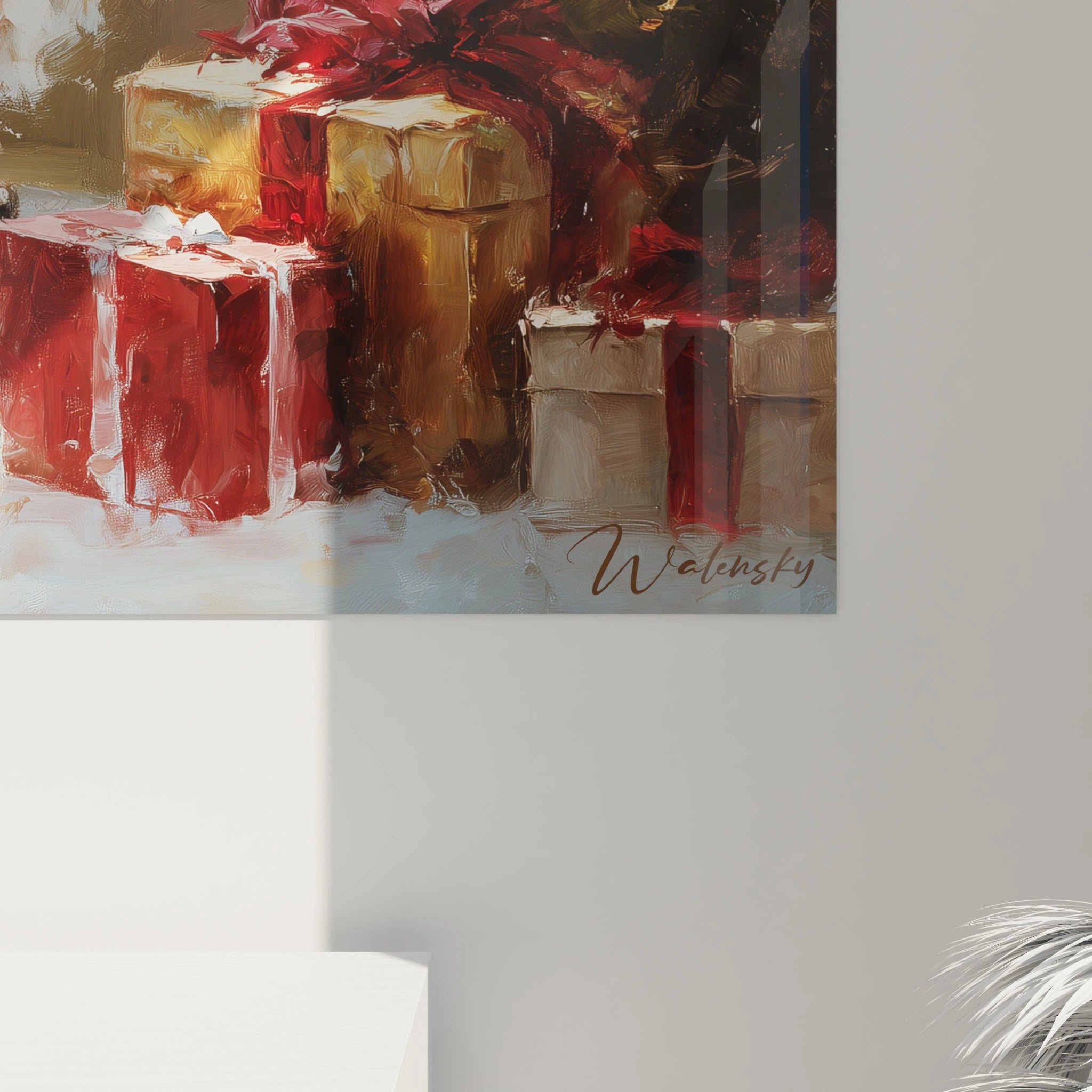 Tableau Père Noël mural avec des fleurs vibrantes et un fond texturé pour une décoration festive