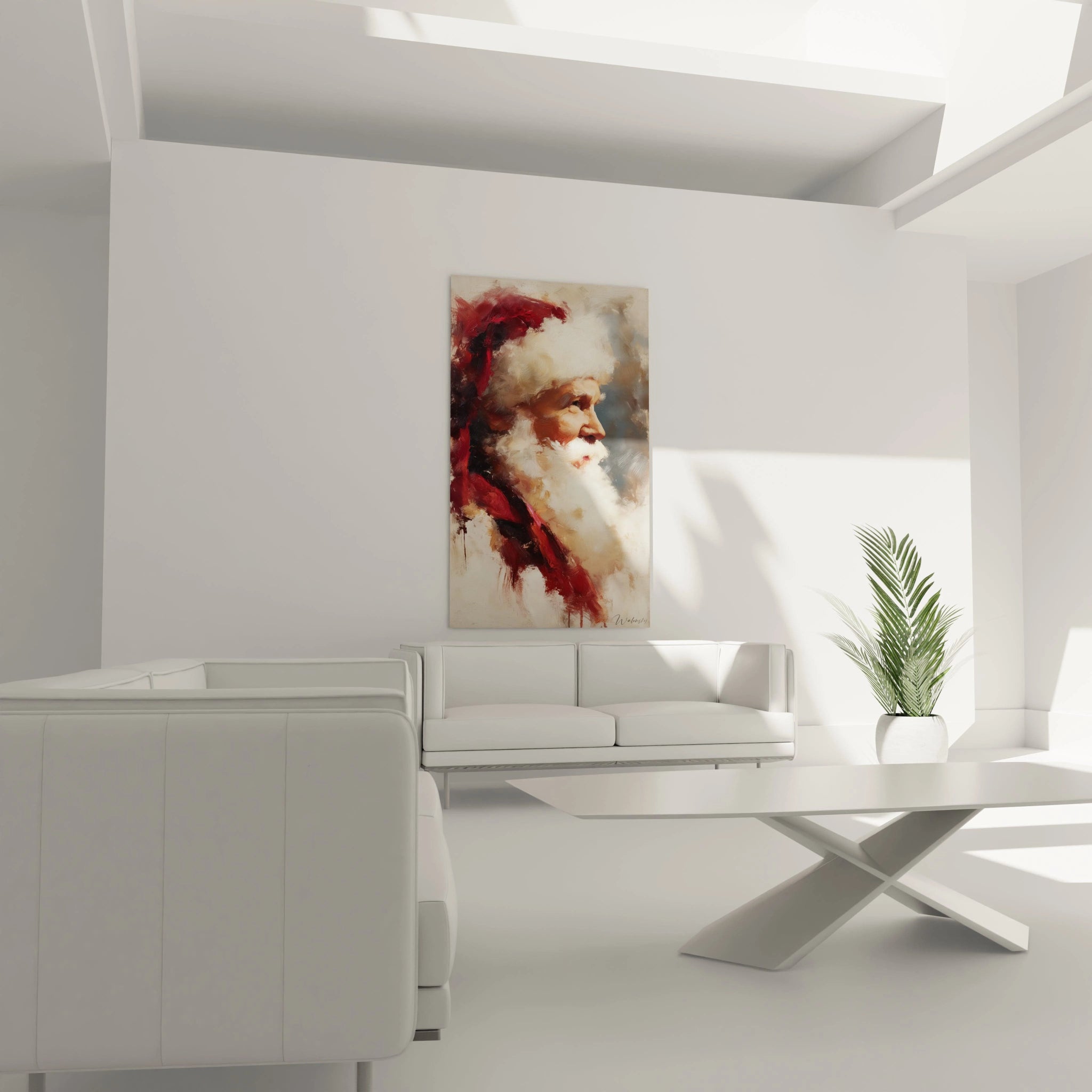 Tableau Père Noël décoration murale sur un mur blanc dans un salon moderne avec meubles élégants