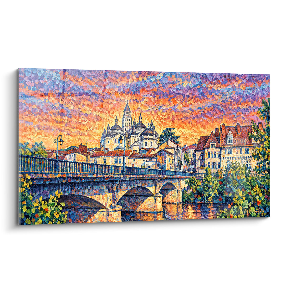 Tableau pont de pierre et cathédrale Saint-Front aux dômes blancs, ciel orange et violet pointilliste de Périgueux