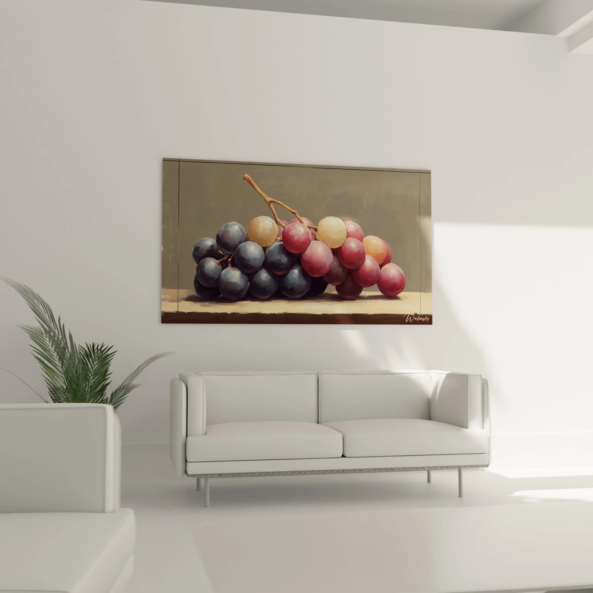 Tableau nature morte abstrait montrant des grappes de raisin posées sur une table, avec des nuances de violet et beige sur un fond neutre, offrant des détails texturés.