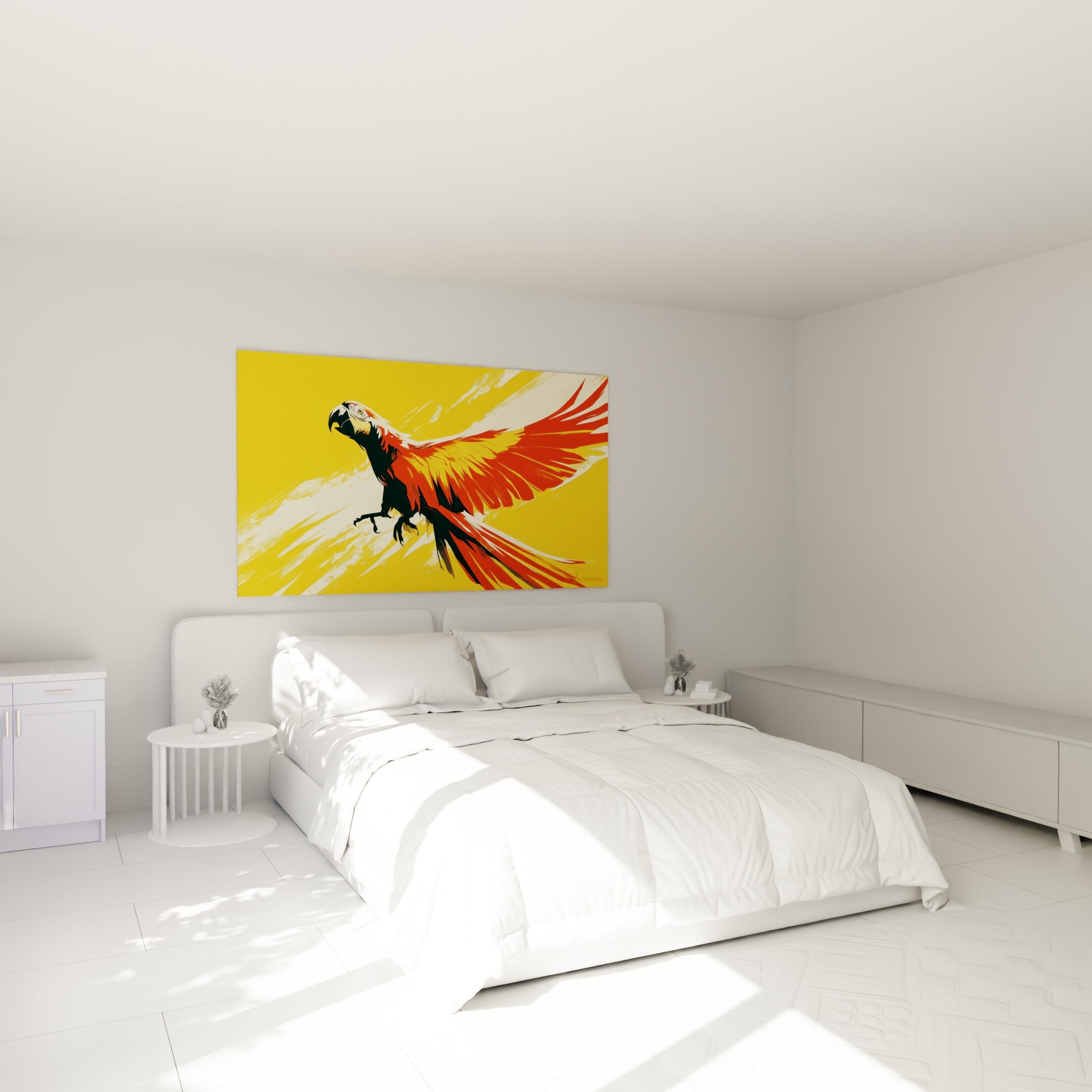 Perroquet rouge et doré aux ailes ouvertes accroché au-dessus d'un lit dans une chambre claire