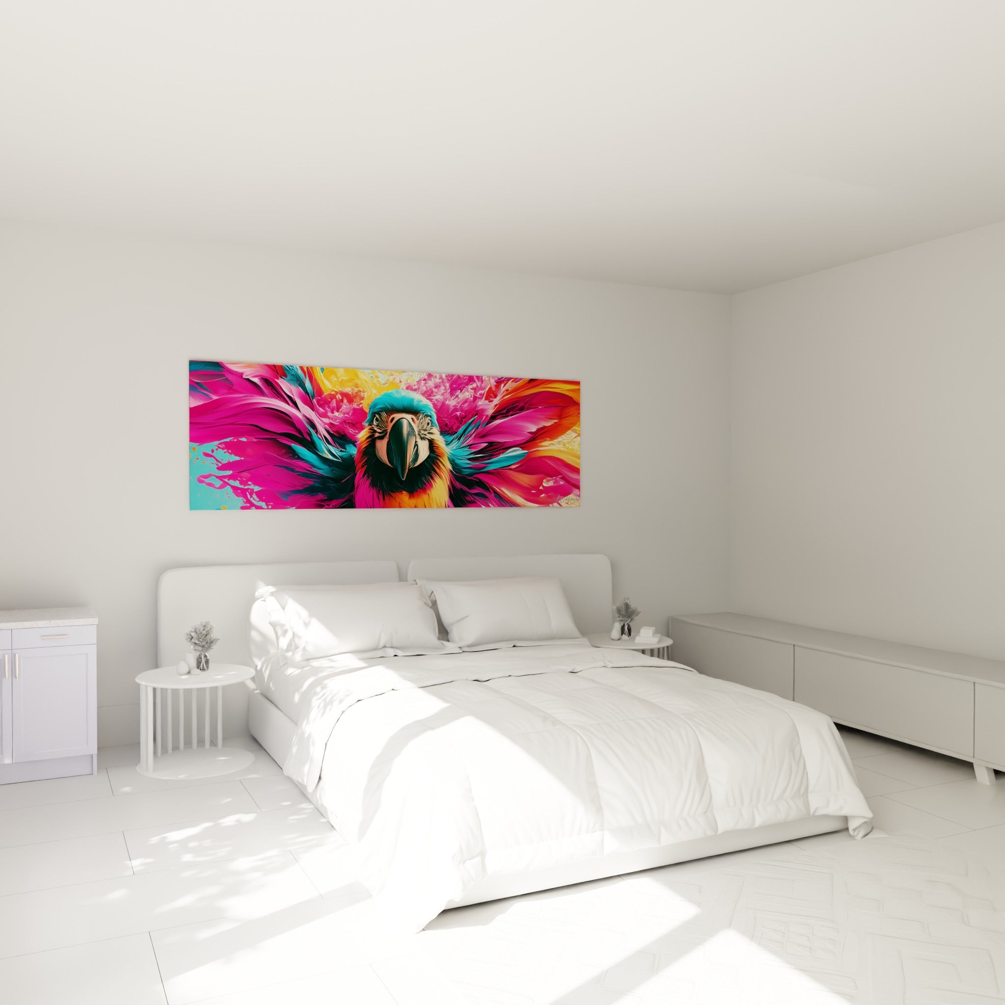 Ara aux plumes turquoise et fuchsia explosives, tête bleu ciel, au-dessus d'un lit dans une chambre claire