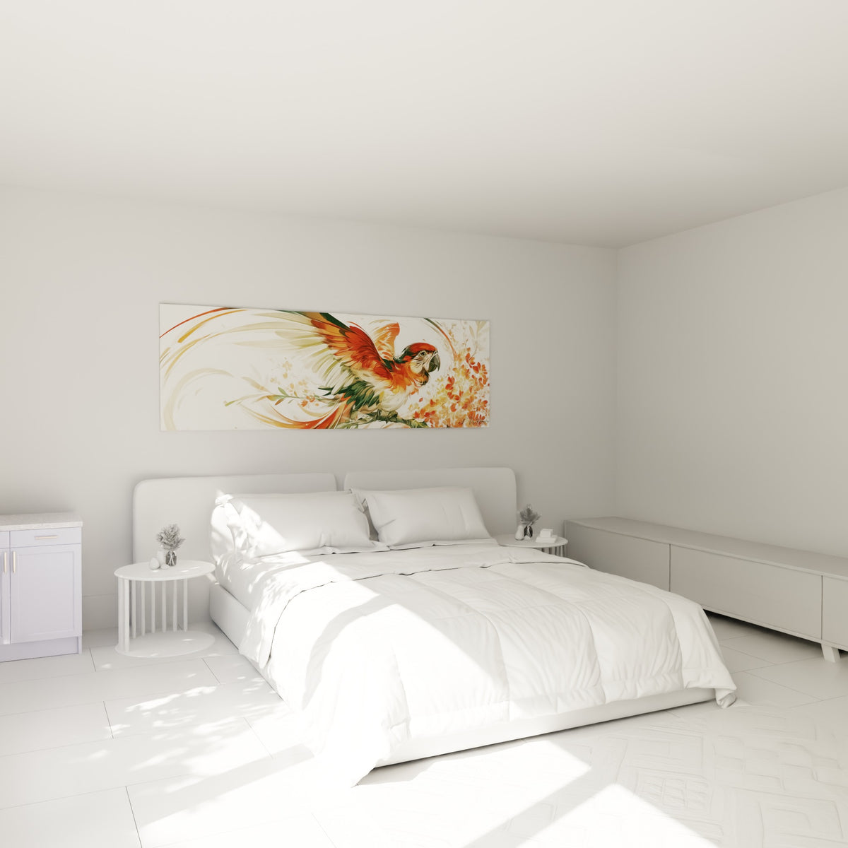 Ara rouge et doré en plein envol, ailes ouvertes, au-dessus d'un lit dans une chambre claire