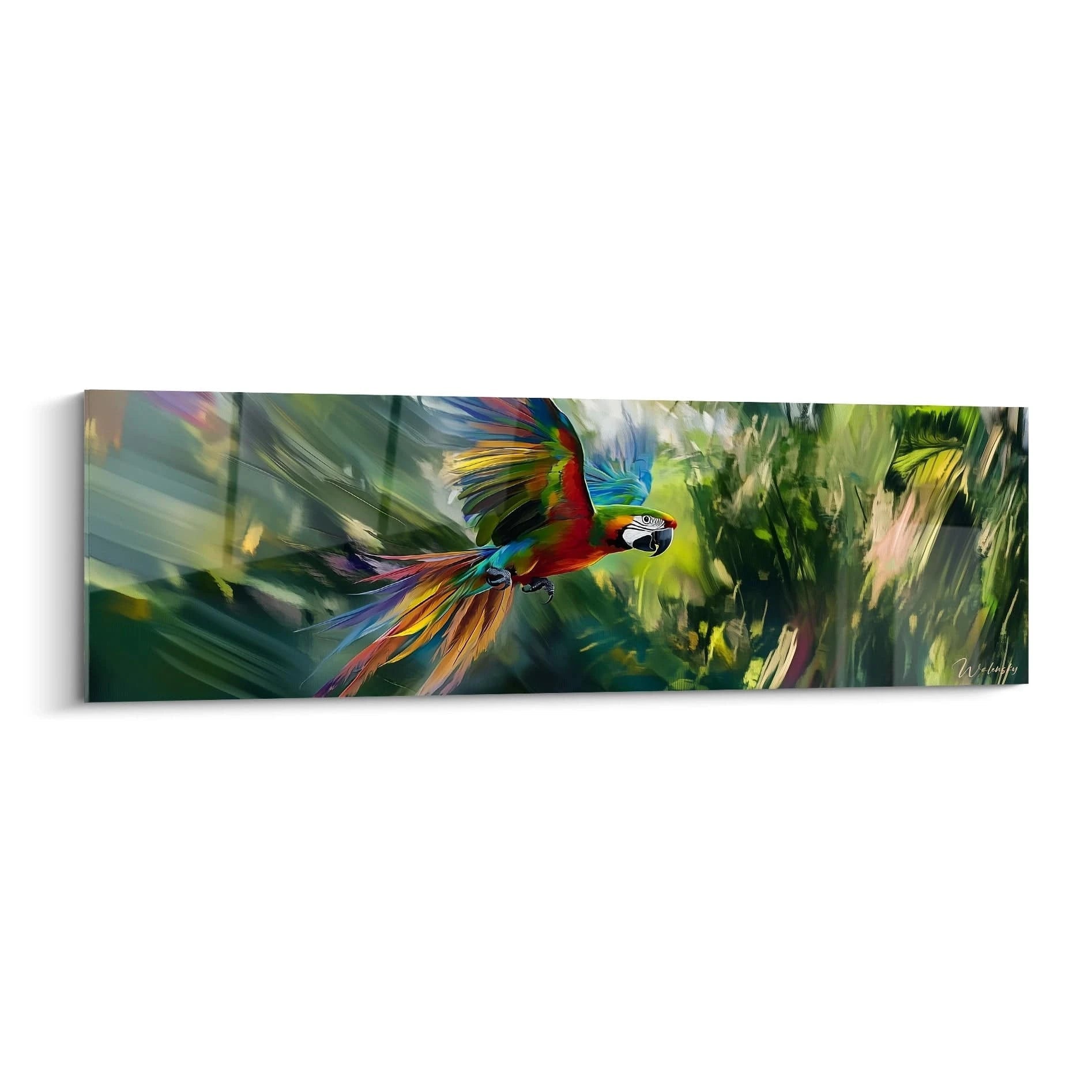 Tableau perroquet coloré en vol sur fond de forêt tropicale par Walensky