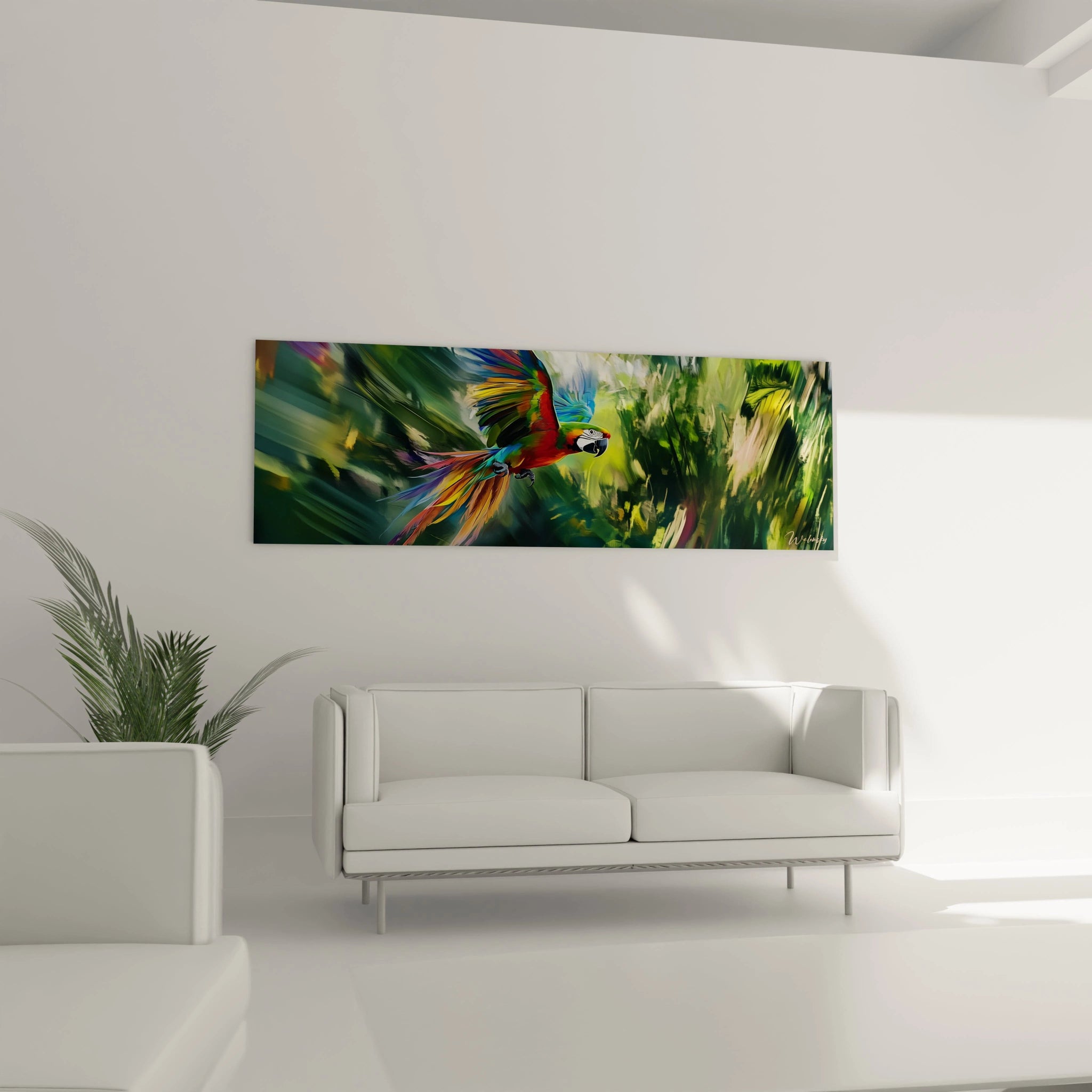 Tableau perroquet coloré Walensky accroché dans un salon moderne avec canapé blanc