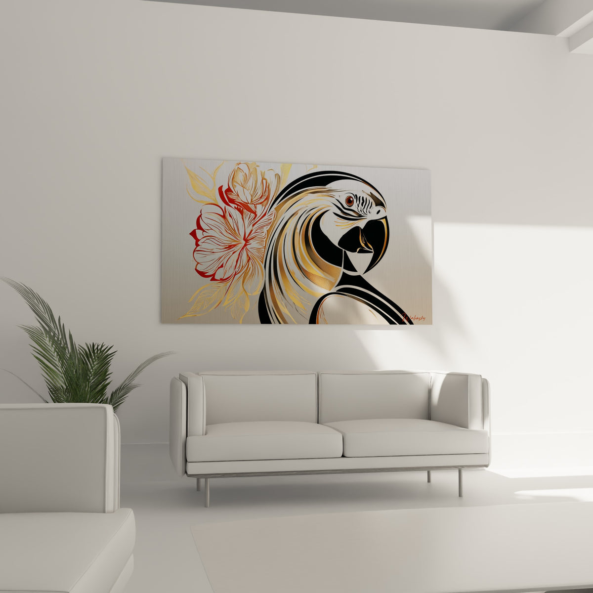 Bec puissant noir et plumage doré d'un perroquet stylisé, accroché au-dessus d'un canapé dans un salon lumineux
