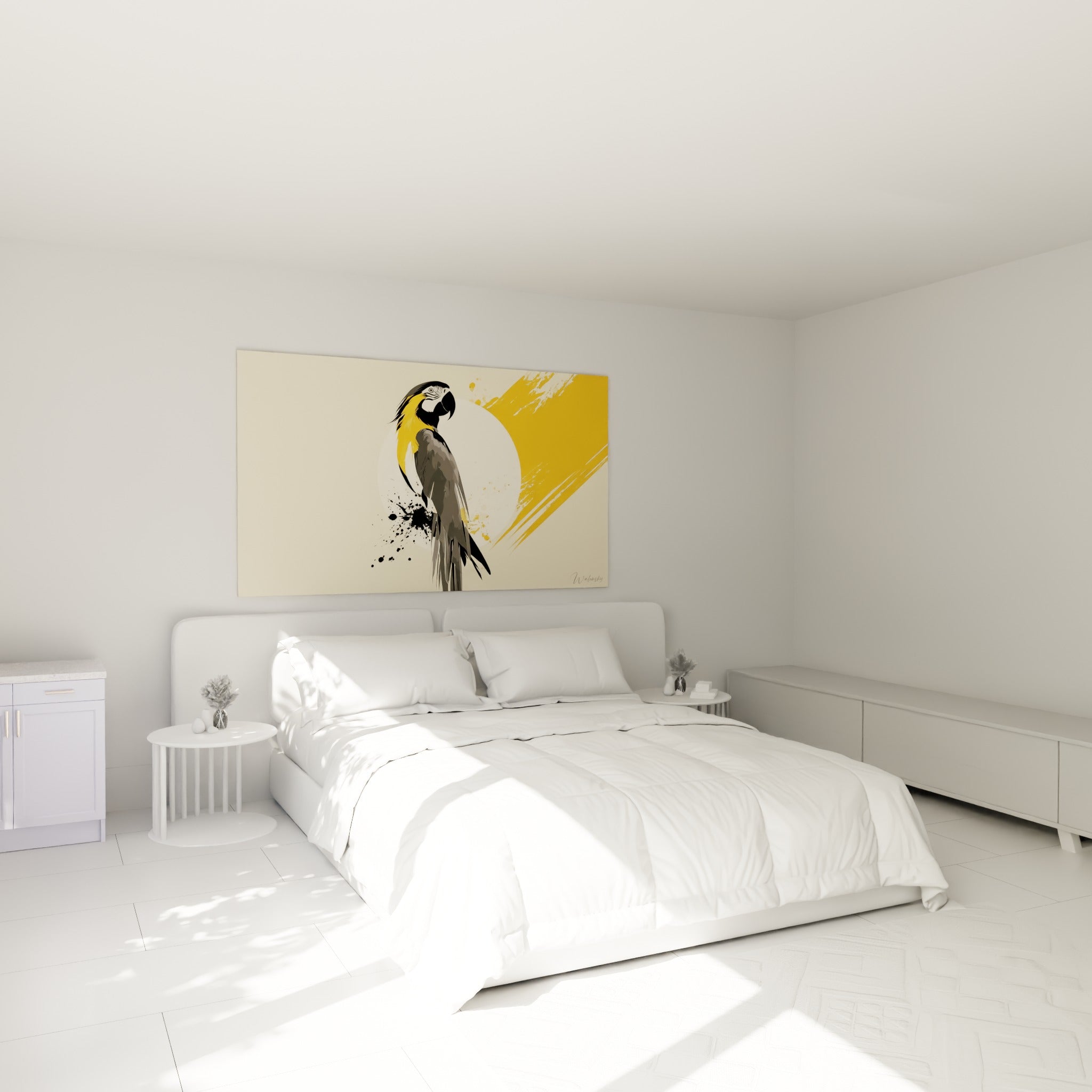 Oiseau au plumage gris et jaune safran affiché au-dessus d'un lit dans une chambre claire