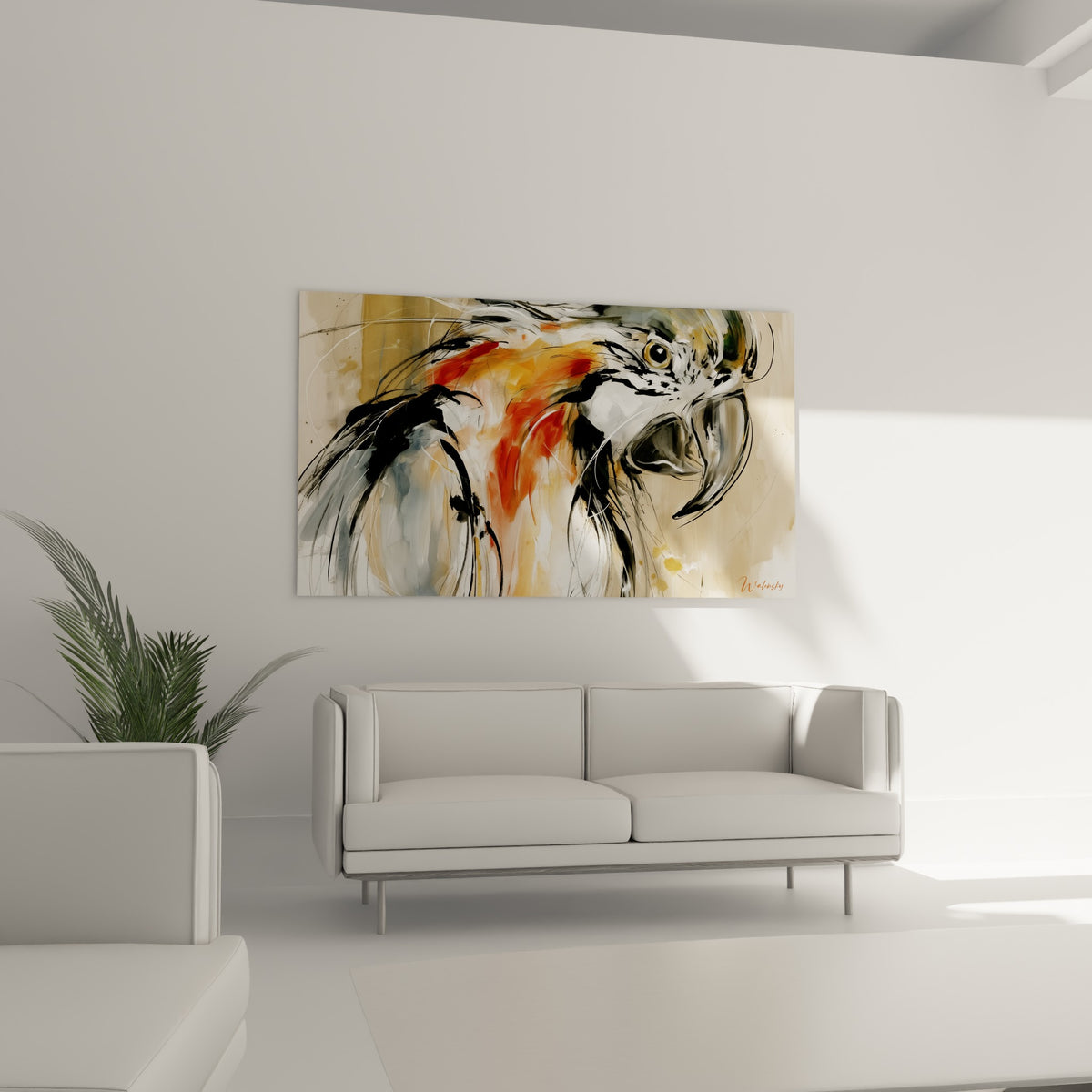 Perroquet au regard doré et plumes anthracite éclaboussées d'orangé, au-dessus d'un canapé dans un salon lumineux
