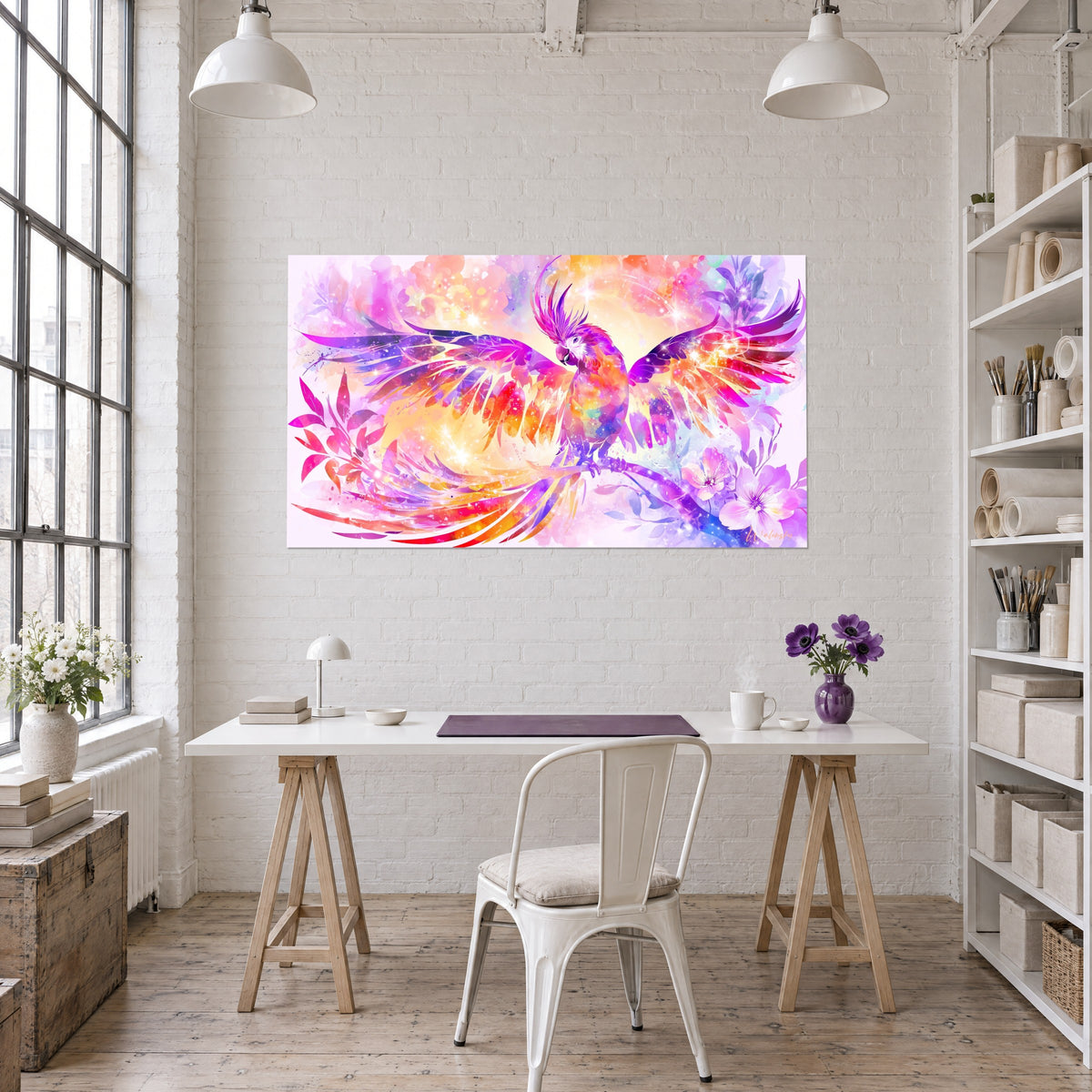 Tableau cacatoès huppé aux plumes pourpres et abricot, branche fleurie, accroché au mur d'un bureau avec table blanche et étagères