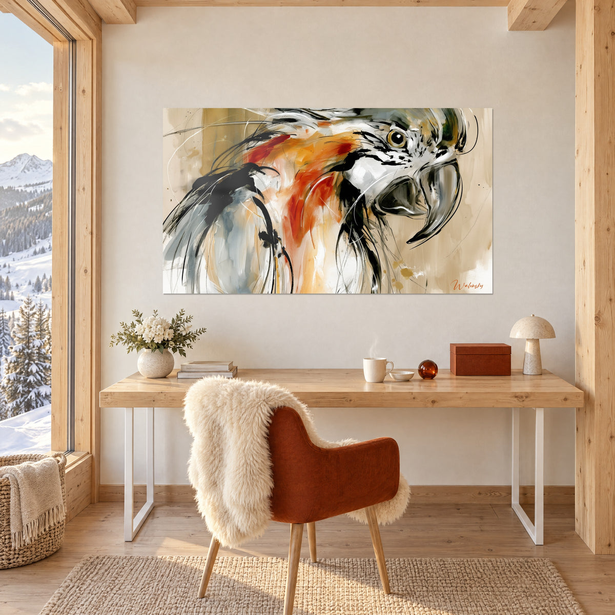 Tableau volatile aquarellé au plumage blanc strié de noir, touches orange et ocre, au-dessus d'un bureau clair avec chaise rouille