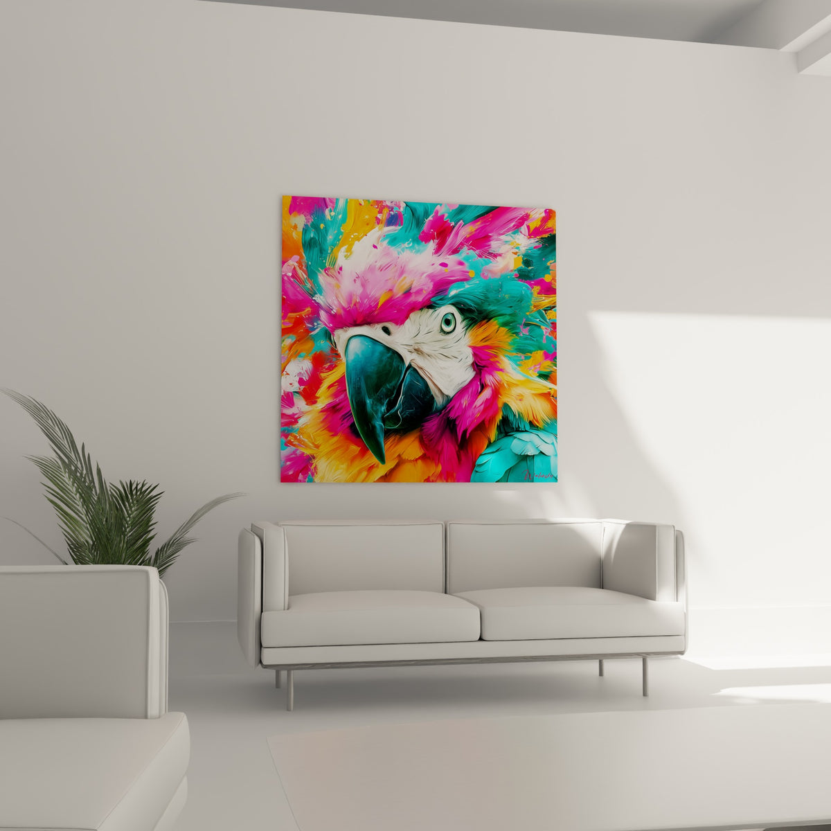 Oiseau tropical orange et turquoise aux traits expressifs accroché au-dessus d'un canapé dans un salon lumineux