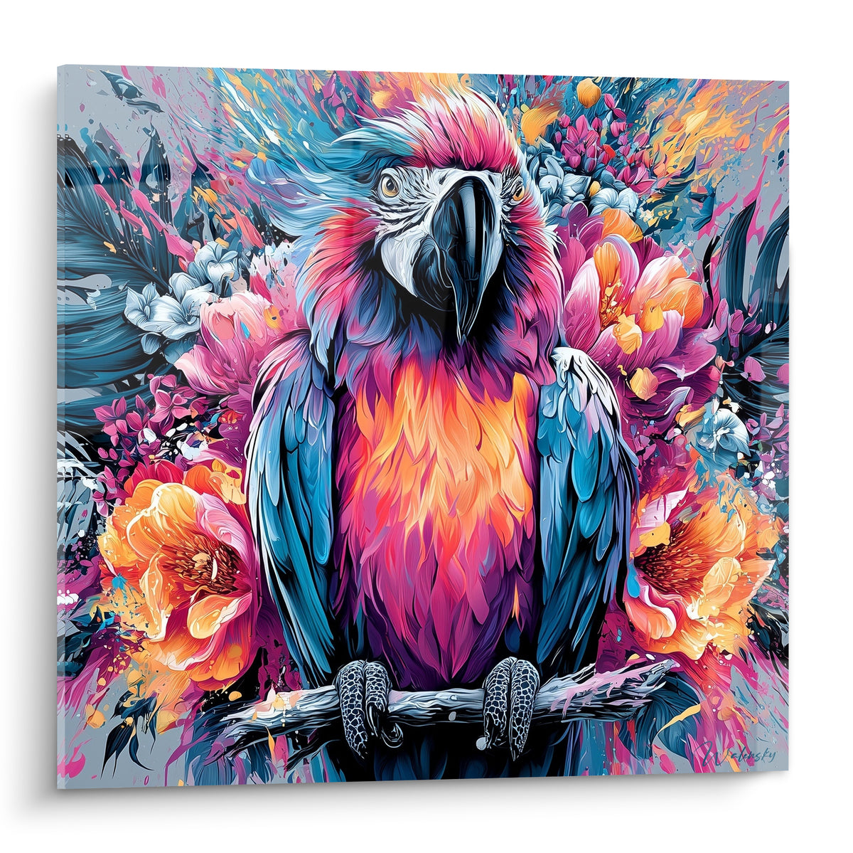 Perroquet ara aux plumes rose fuchsia et bleu pétrole, perché parmi des fleurs orange éclatantes