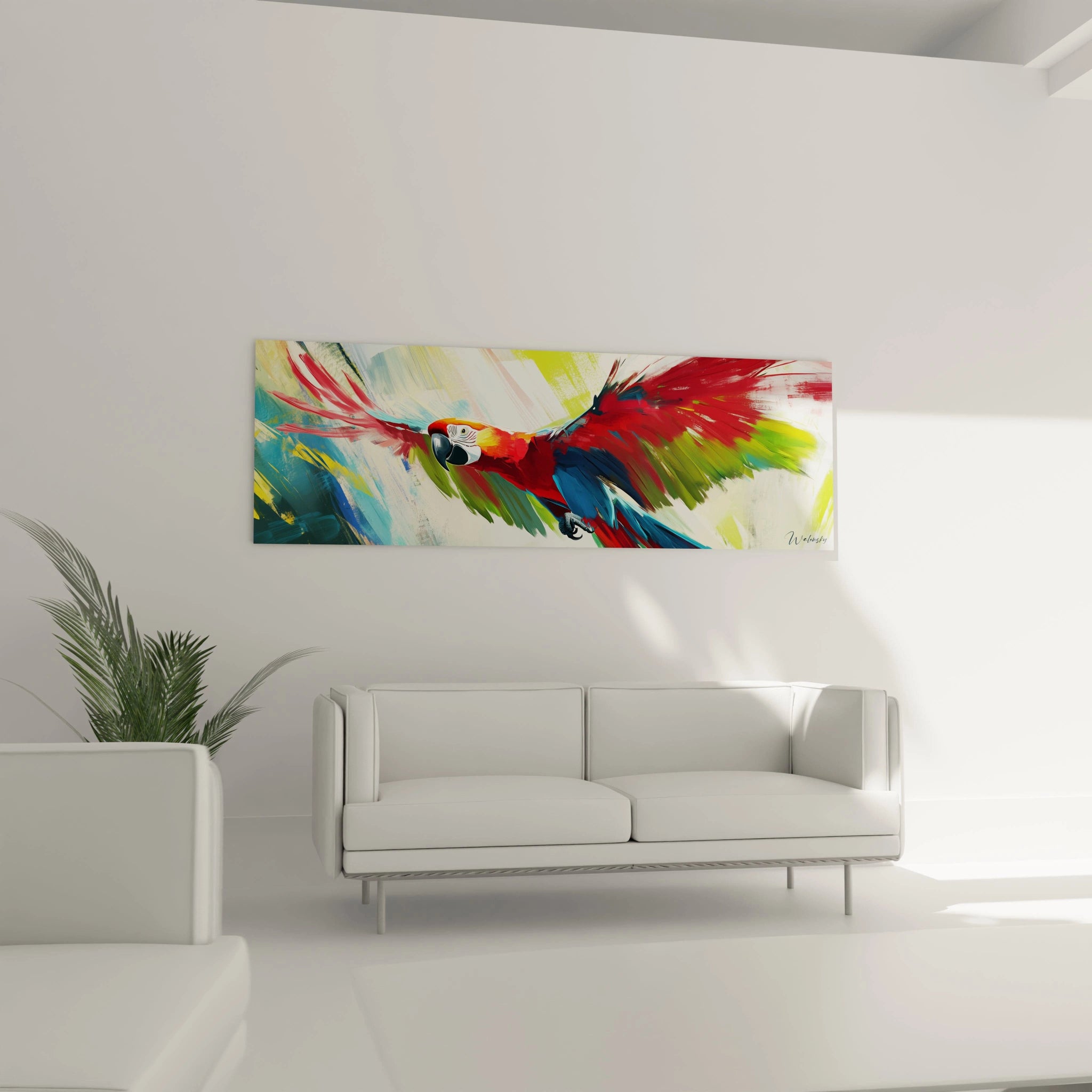Tableau perroquet coloré Walensky accroché au-dessus d'un canapé blanc dans un salon moderne lumineux
