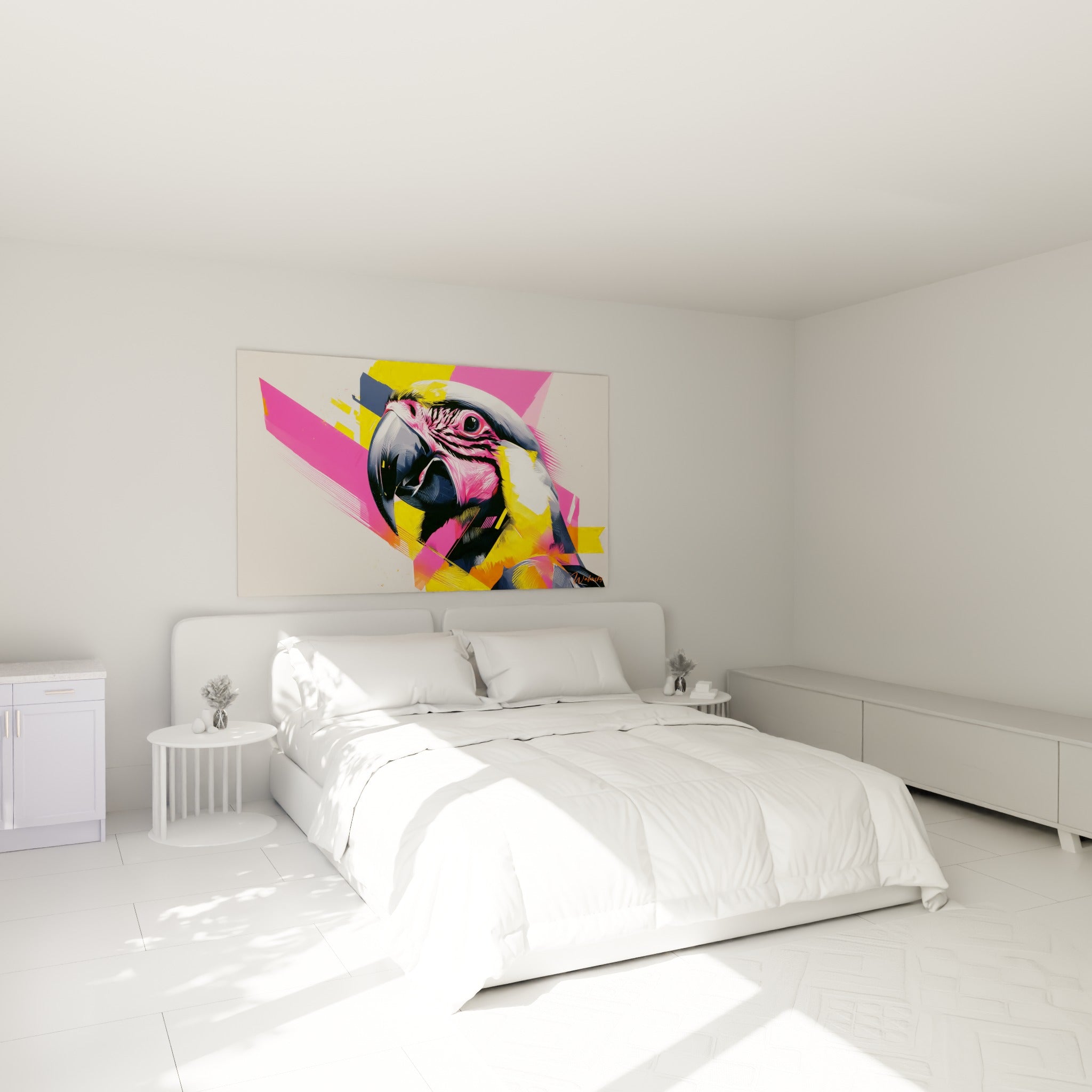 Perroquet stylisé aux teintes fuchsia et jaune vif accroché au-dessus d'un lit dans une chambre claire