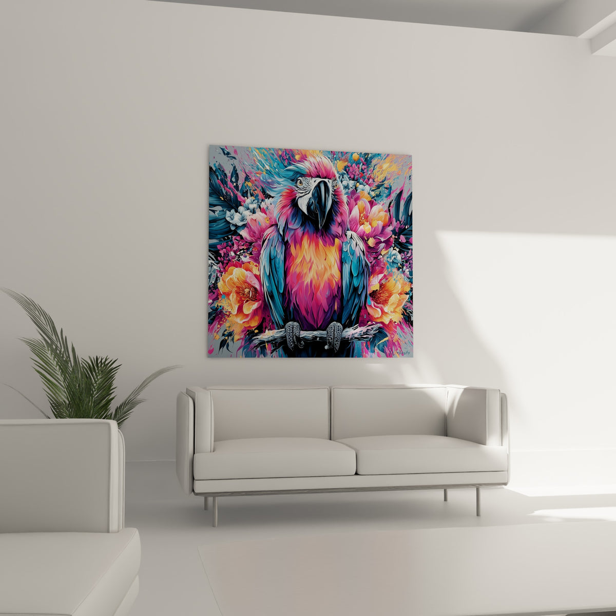 Bec noir et regard doré de l'ara entouré de fleurs orange, au-dessus d'un canapé dans un salon lumineux